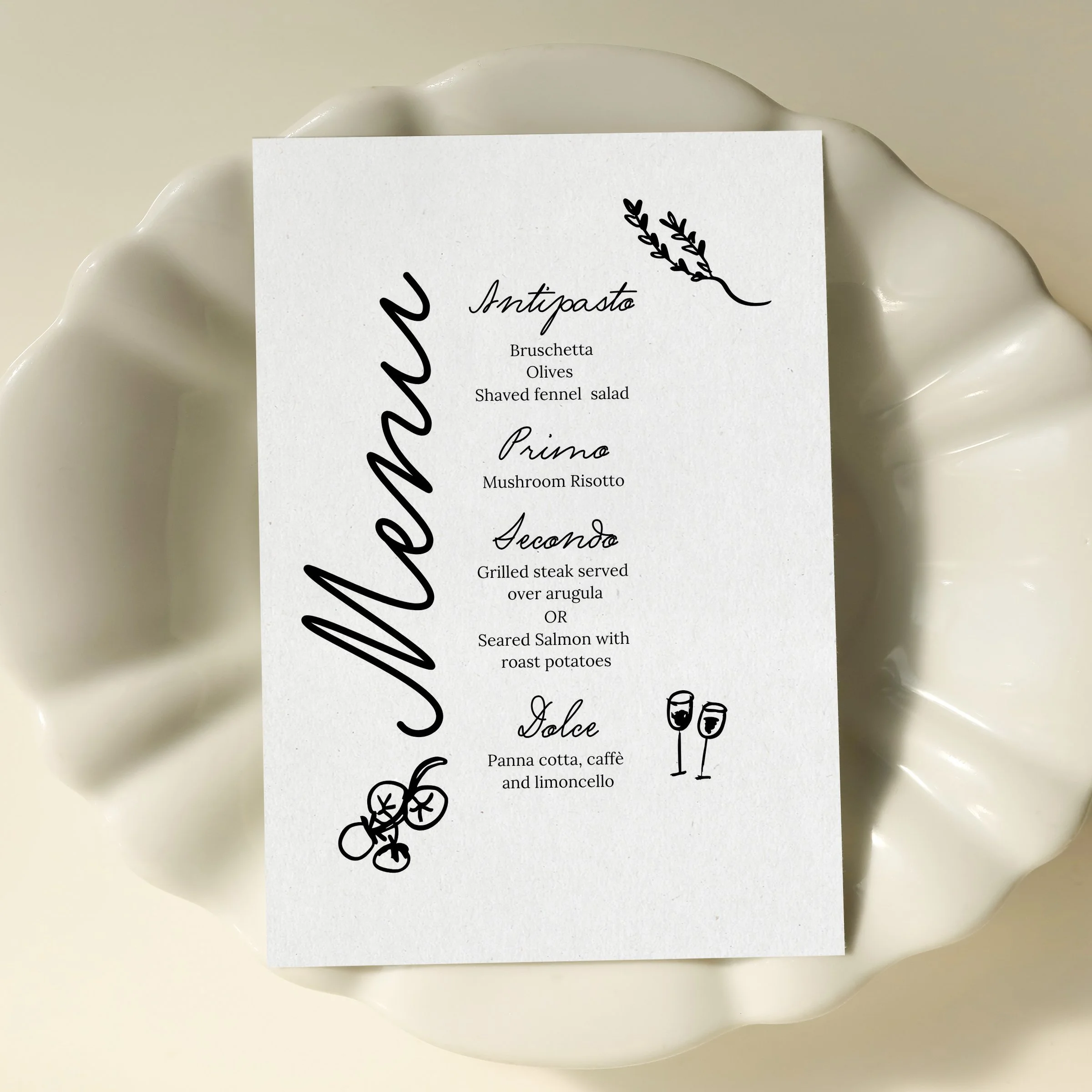 Aperitivo Black and White Dinner Menu, Bar Menu and Place Card