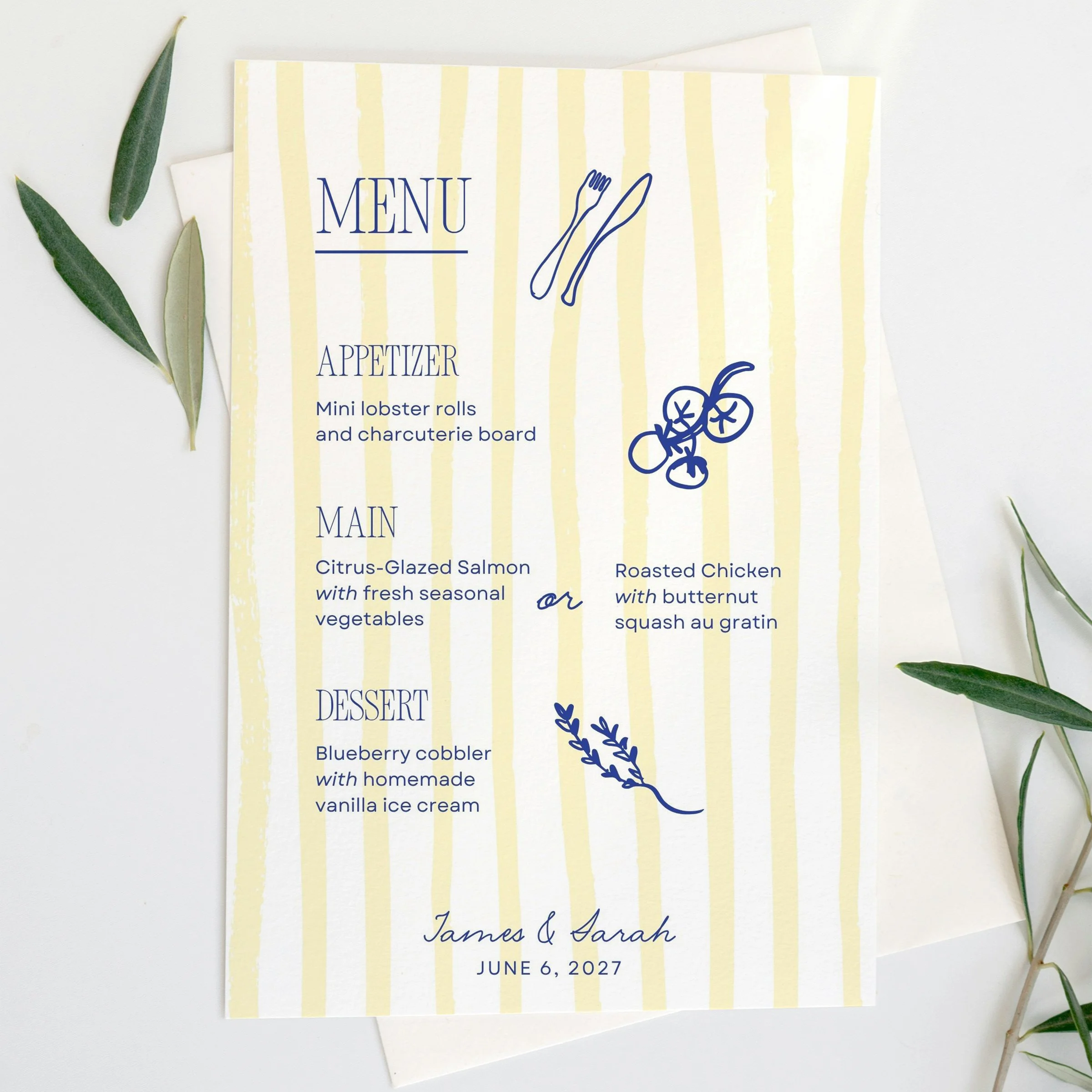 Aperitivo Yellow Striped Dinner Menu, Bar Menu and Place Card