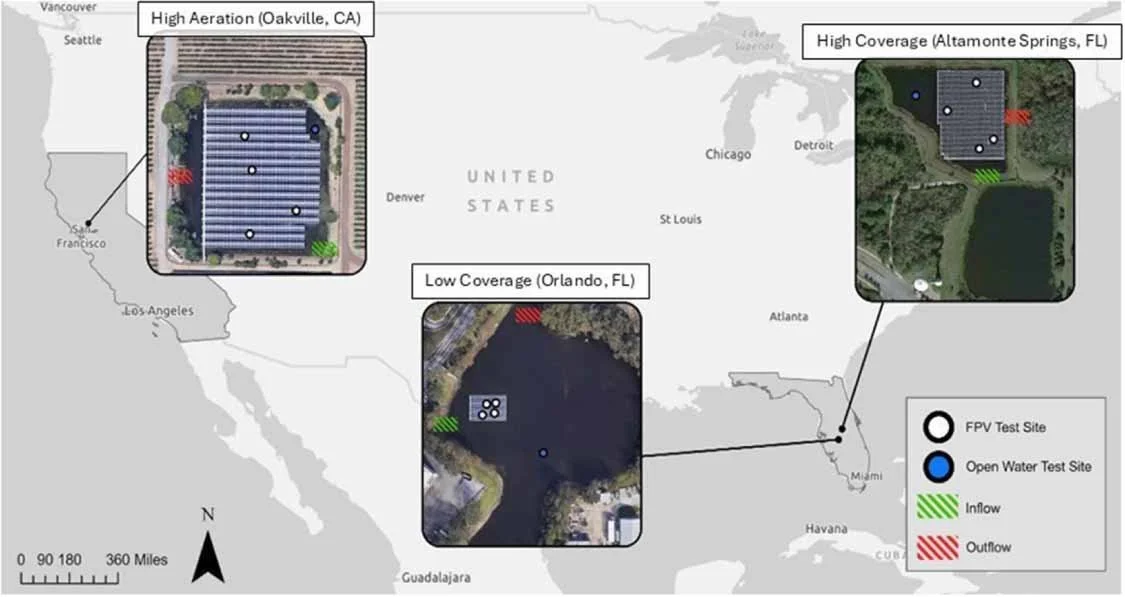 Floating photovoltaic solar energy decreases water temperature and near-surface dissolved oxygen.