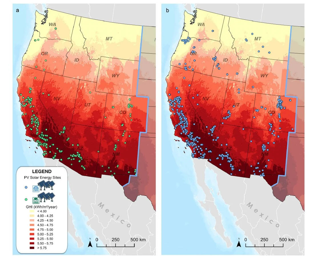 Quantifying land use requirements and efficiency of solar photovoltaic farms in the western United States.