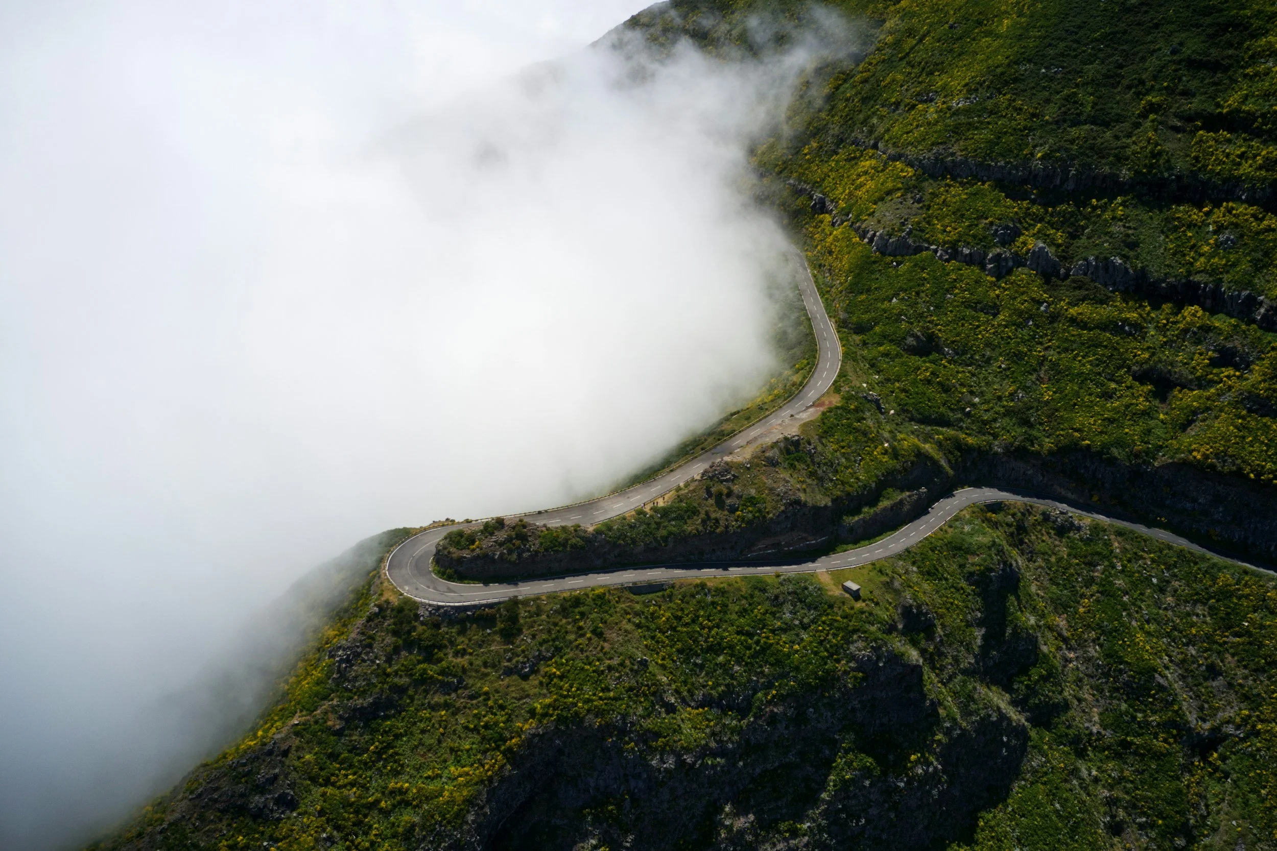 Eine kurvenreiche Bergstraße, umgeben von üppiger grüner Vegetation, in Nebel oder tiefe Wolken gehüllt.