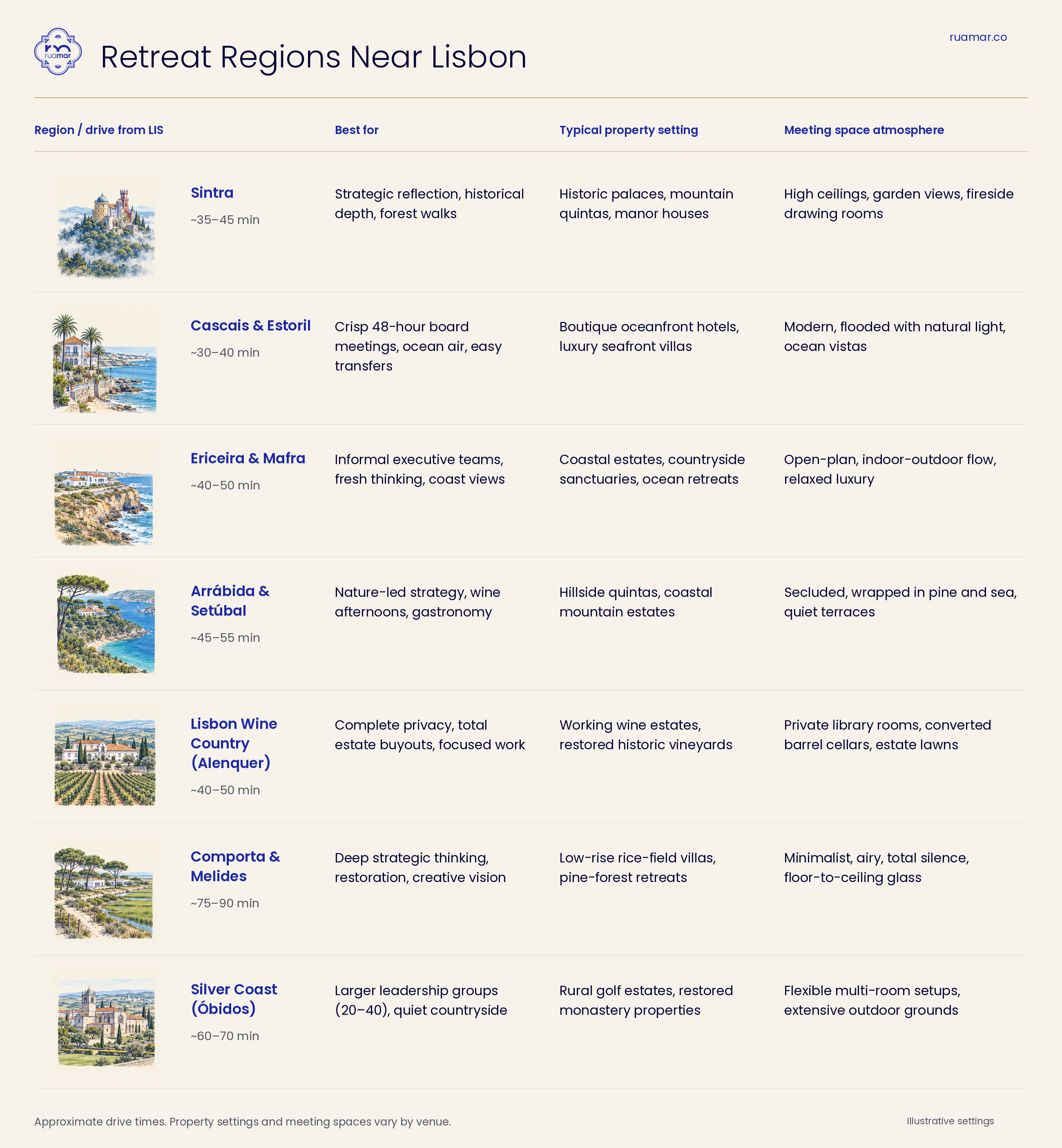 Sieben Regionen für Führungskräfte-Retreats in der Nähe von Lissabon im Vergleich hinsichtlich der Transferzeit vom Flughafen, der Lage der Unterkünfte und der Tagungsatmosphäre.