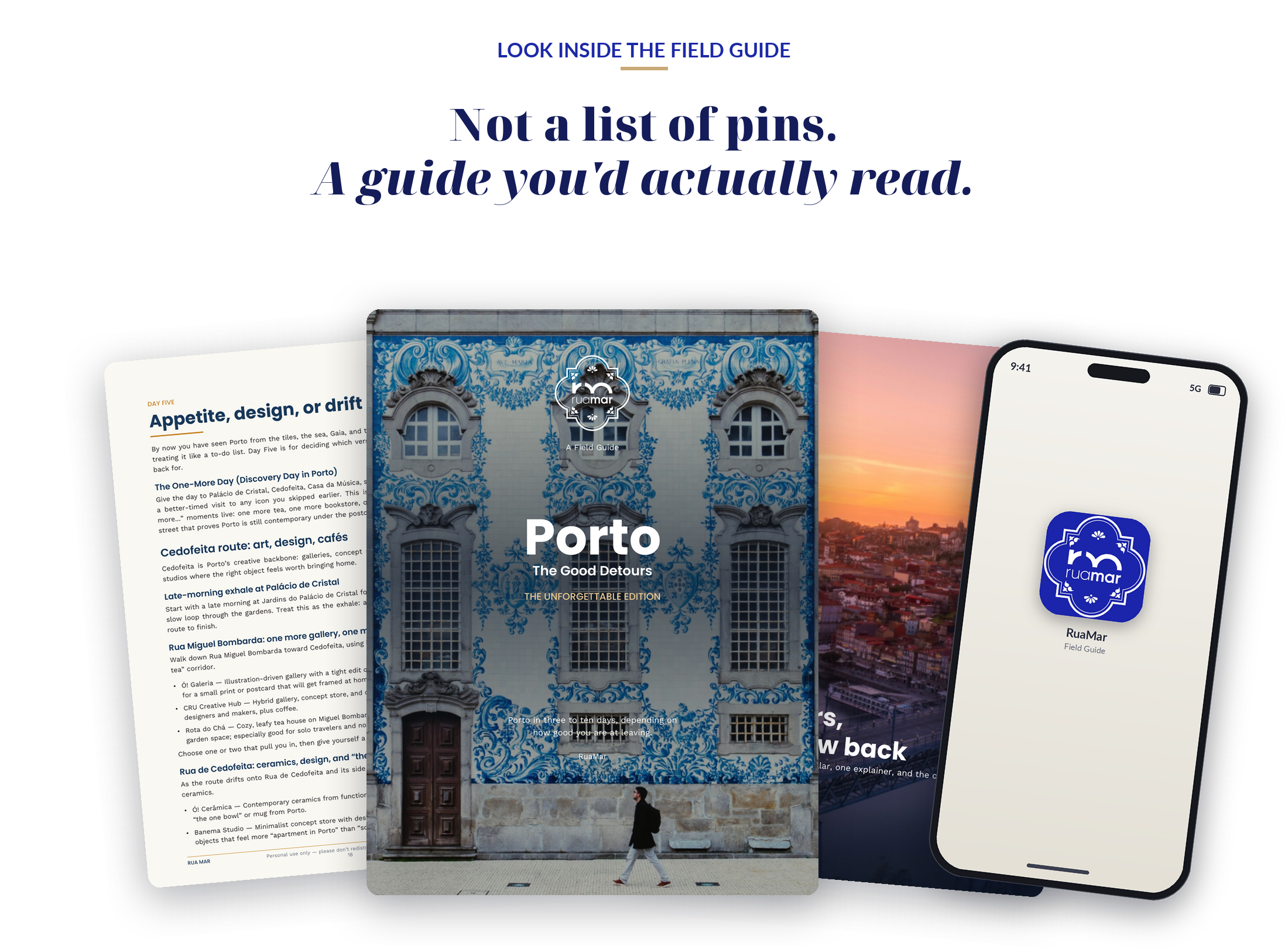 Mobile device screens showing a travel guide for Porto, featuring images of architecture and city scenery.