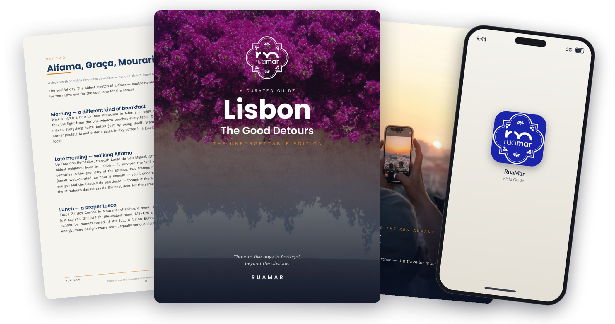 Digital spread of travel guides and mobile app for Lisbon, Portugal, featuring a brochure cover with pink flowers, an app icon for RuaMar, and pages from a detailed travel guide.