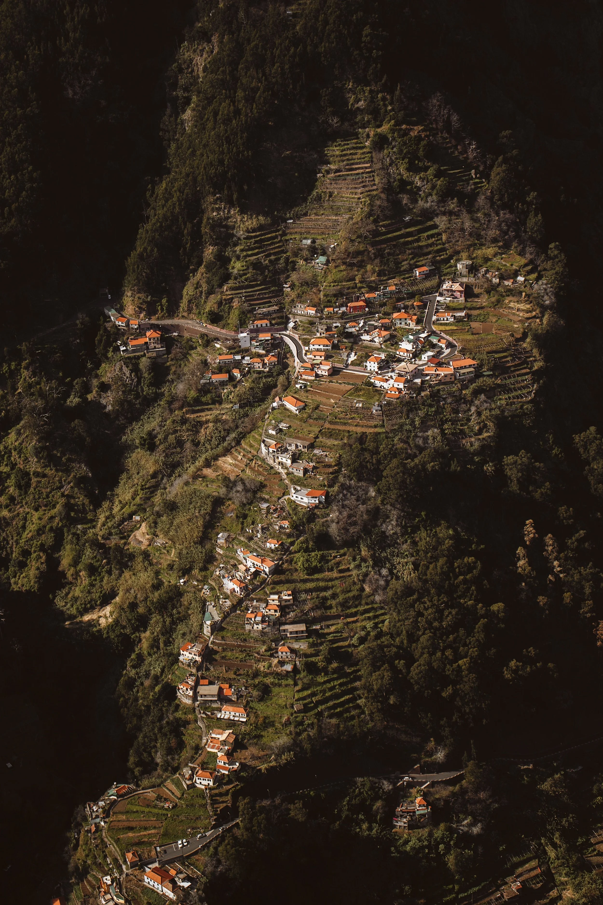 Luftaufnahme eines Bergdorfes mit Häusern, Terrassenfeldern und dicht bewaldeten Hügeln.
