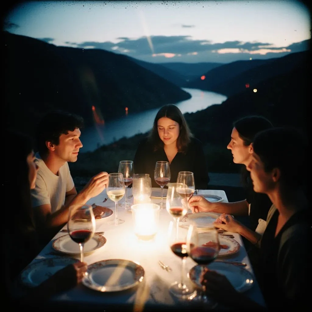 A group of six people dining at a table during sunset with a river and mountain range in the background.