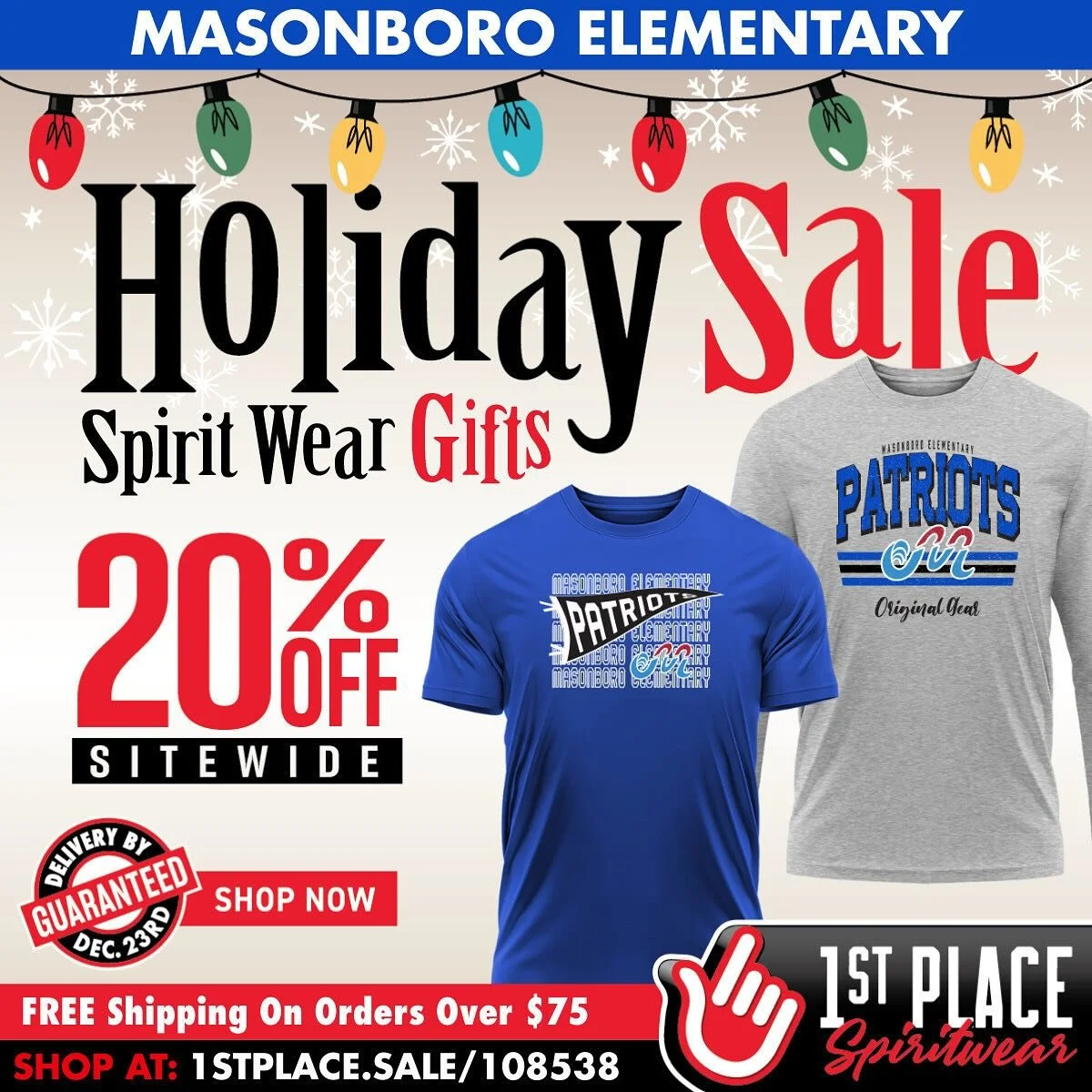 The Masonboro Spiritwear Holiday Sale starts today! 
* Guaranteed Delivery by December 23rd
* 20% Off Sitewide Every Day
* Friday Flash Sale, 11/7: 40% off Hats &amp; Caps