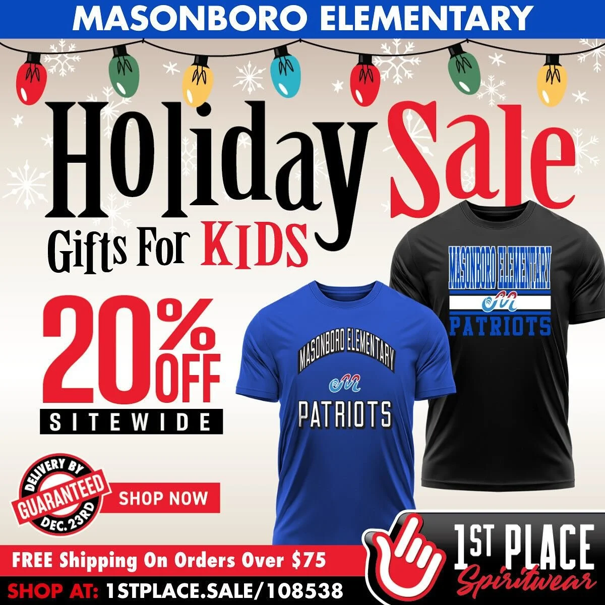 Take 20% off sitewide with FREE SHIPPING on orders over $75! Shop from hoodies, shirts, hats, and more! Order your custom Masonboro Elementary gifts now with guaranteed delivery by December 23rd! https://1stplace.sale/108538 🎁