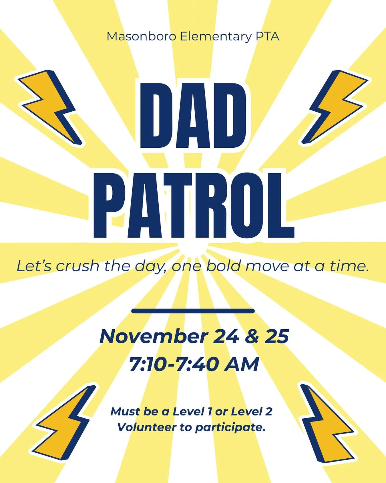 Calling all dads, grandpas, and father figures!
Join our Dad Patrol and help welcome students as they arrive at school! 👋

November 24 &amp; 25
7:10 -7:40 AM

Be a part of those morning smiles and high-fives!

You must be a Level 1 or Level 2 volunt