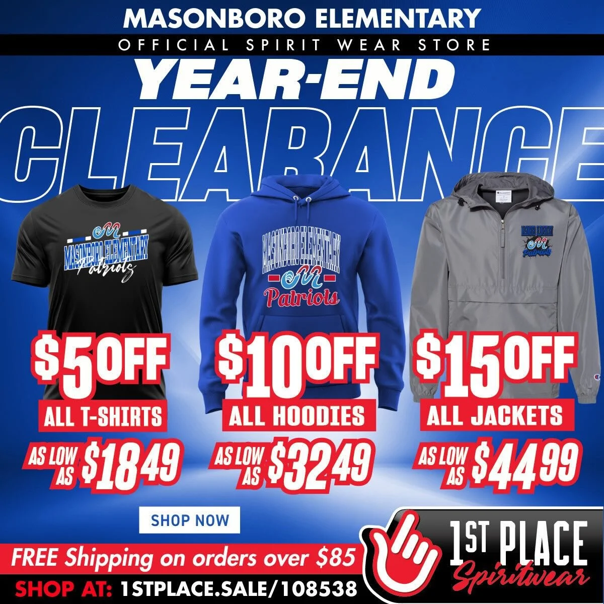 Our Masonboro Elementary School Year-End Spirit Wear Clearance Sale ends this weekend! Save $5 on tees, $10 on hoodies, and $15 on jackets through January 11th. Prices start at $18.49, with FREE shipping on orders $85+. Don&rsquo;t miss out&mdash;eve