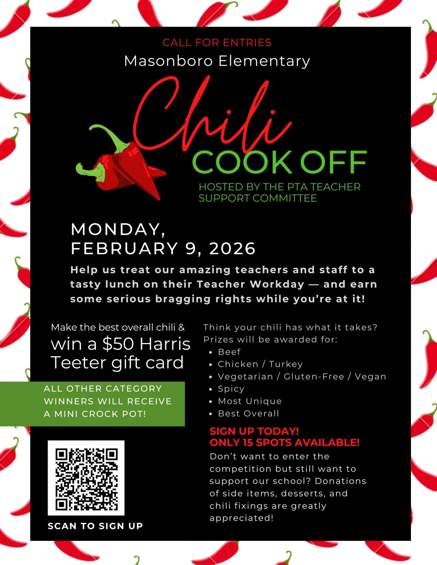 We still need help in making our Chili Cook Off 🌶️ a success! Please consider signing up to enter the contest or provide a &ldquo;side&rdquo; for the luncheon. We love our teachers and want to make this a special day! Thank you for your support!