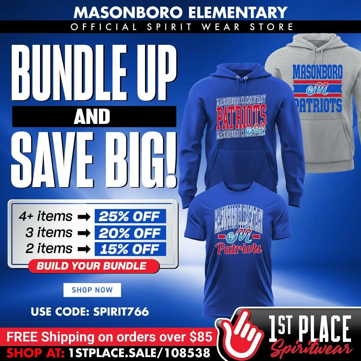 Show off your Masonboro Elementary pride and save big!

Enjoy up to 25% off all merchandise, including brand-new designs, favorite hoodies, and $19.99 short sleeve tees. The more you buy, the more you save!

Here&rsquo;s how to save more:
⚫ Save 25% 