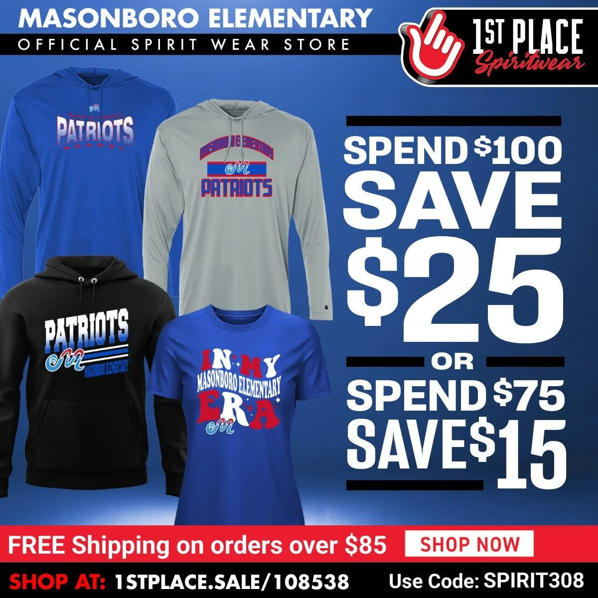 End of Winter Saving Event &mdash; Sale Ends March 8th! Before winter wraps up, don&rsquo;t miss your chance to save on Masonboro Elementary spirit wear. Save $25 on orders of $100+ or $15 on orders of $75+ with code SPIRIT308. Plus, enjoy FREE shipp