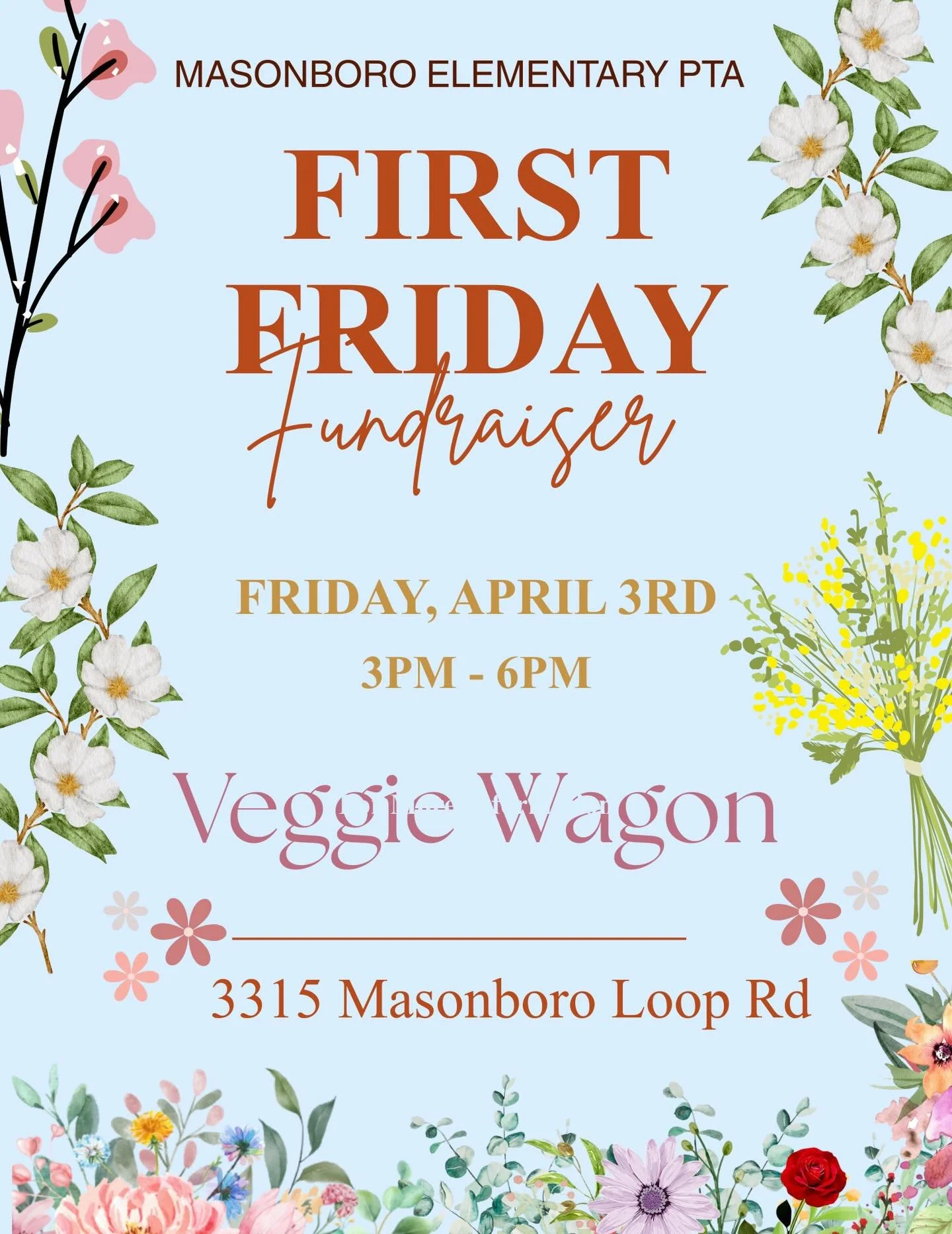 Join us this Friday, April 3, from 3-6 PM, for our First Friday fundraiser at the Veggie Wagon! 🌺 🐰
