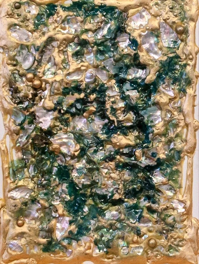 A man, 2013.
Abalone, oyster shell,  glue, oil on canvas. 14 in. x  8 in.