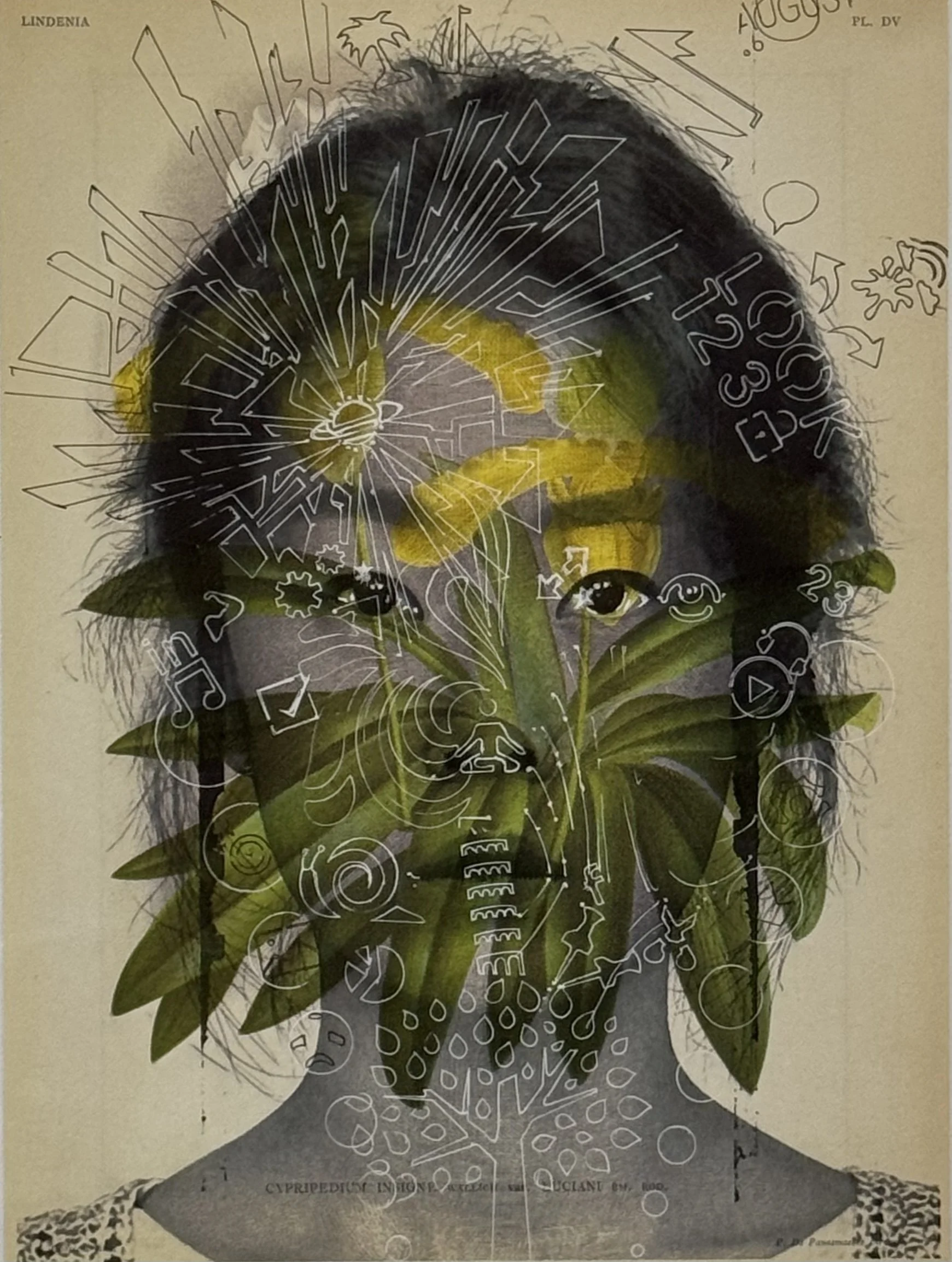 Sara/Griffith, 2026, Inkjet print and pen on printed paper from a 1992 botanical publication. 13 x 8.25 in.