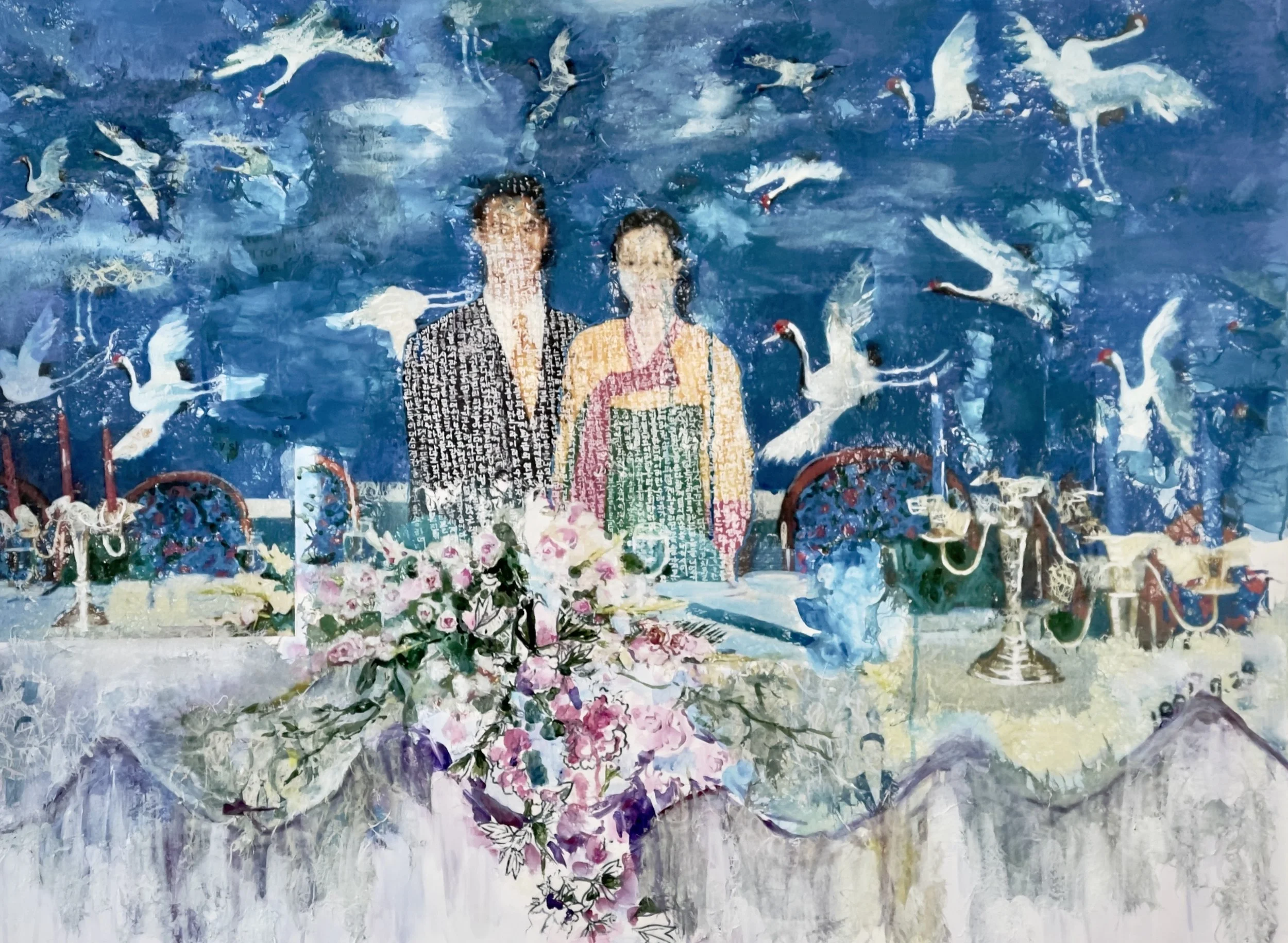 Dream of the first day, 2023. Indian ink, acrylic, collage, rice paper, on canvas. 34 in. x 48 in. From the "Dream at Walden" series.