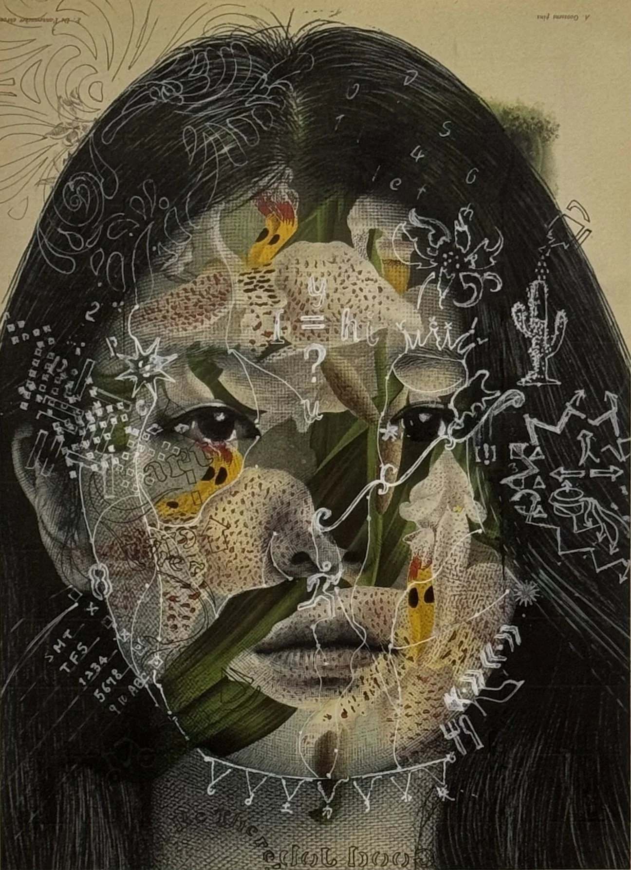 Sally/Stanhopea, 2026, Inkjet print and pen on printed paper from a 1992 botanical publication. 13 x 8.25 in.