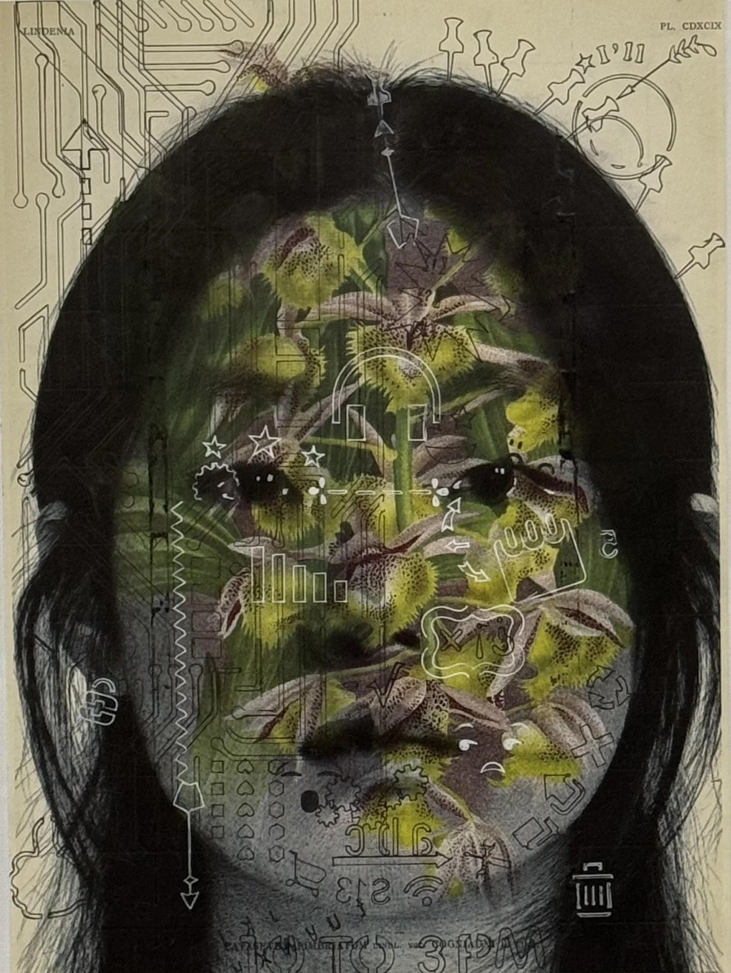 JeongWon/Catasetum, 2026, Inkjet print and pen on printed paper from a 1992 botanical publication. 13 x 8.25 in.