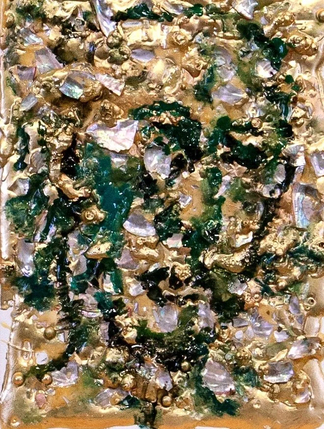 A man, 2013.
Abalone, oyster shell,  glue, oil on canvas. 14 in. x  8 in.