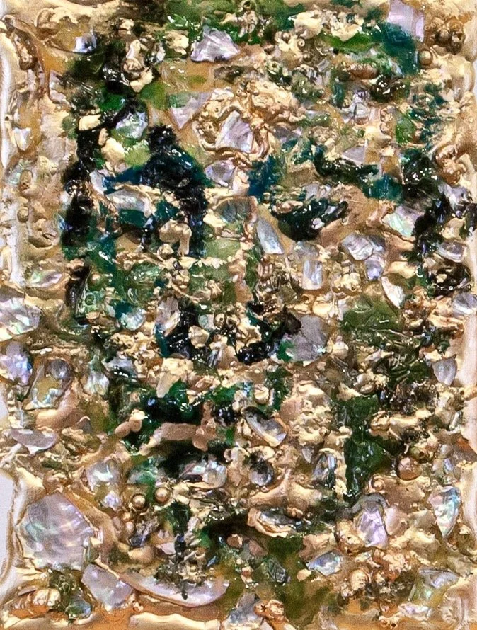 A man, 2013.
Abalone, oyster shell,  glue, oil on canvas. 14 in. x  8 in.