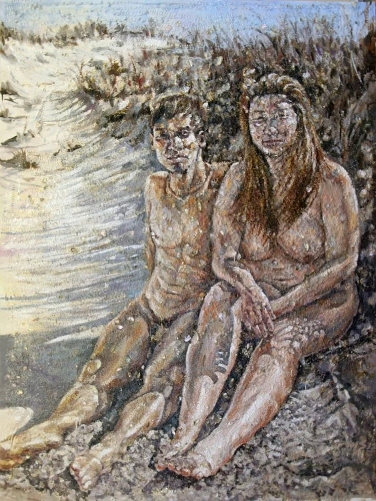 M and H, 2013.
Abalone, oyster shell,  glue, oil on canvas. 118 in. x 84 in.