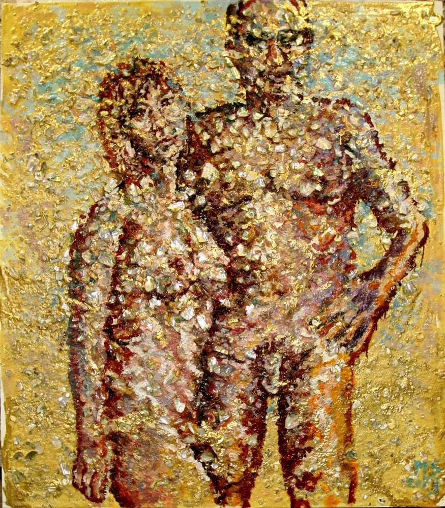 Bo and Rich, 2012.
Abalone, oyster shell,  glue, oil on canvas. 60 in. x 48 in.