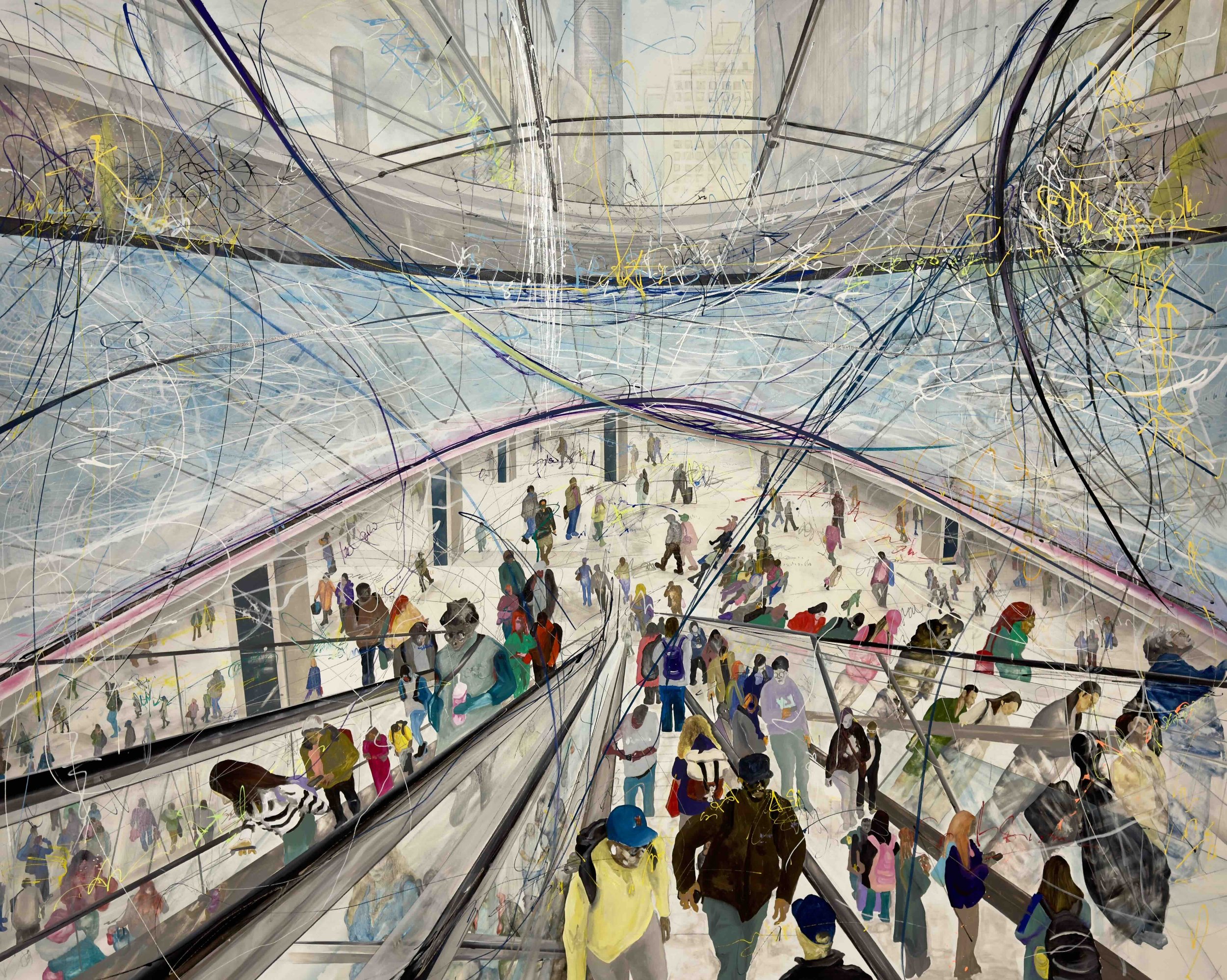 Positioning flow, Penn Station 1, 2026.
Acrylic, ink on canvas. 70 in. × 87  in. From the "Positioning flow" Penn Station series.