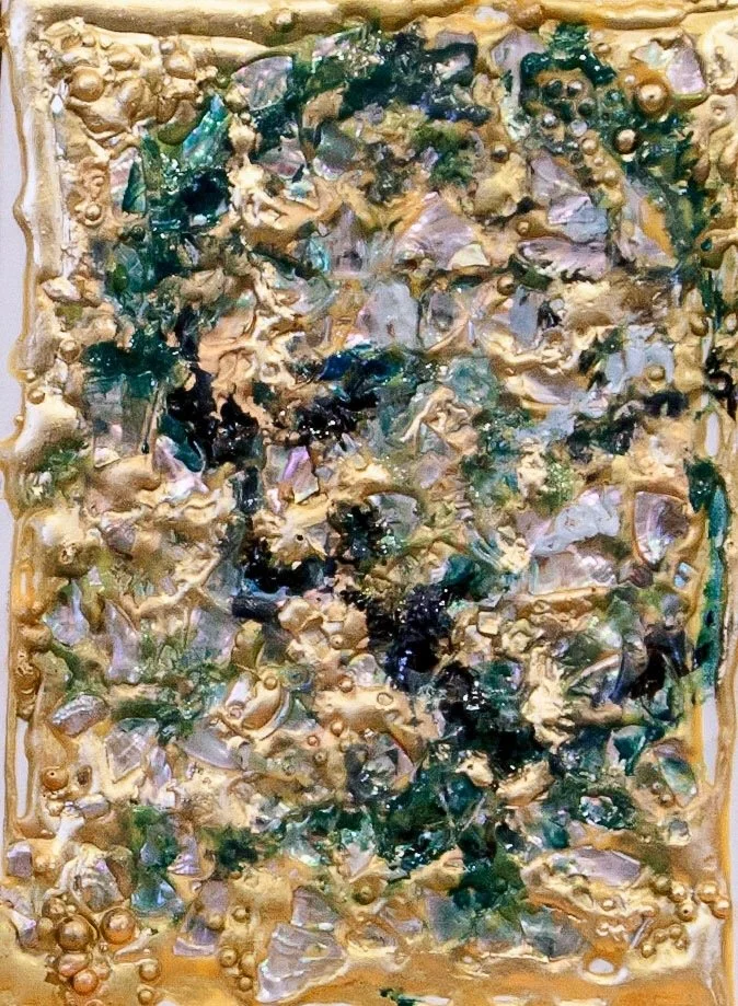 A man, 2013.
Abalone, oyster shell,  glue, oil on canvas. 14 in. x  8 in.