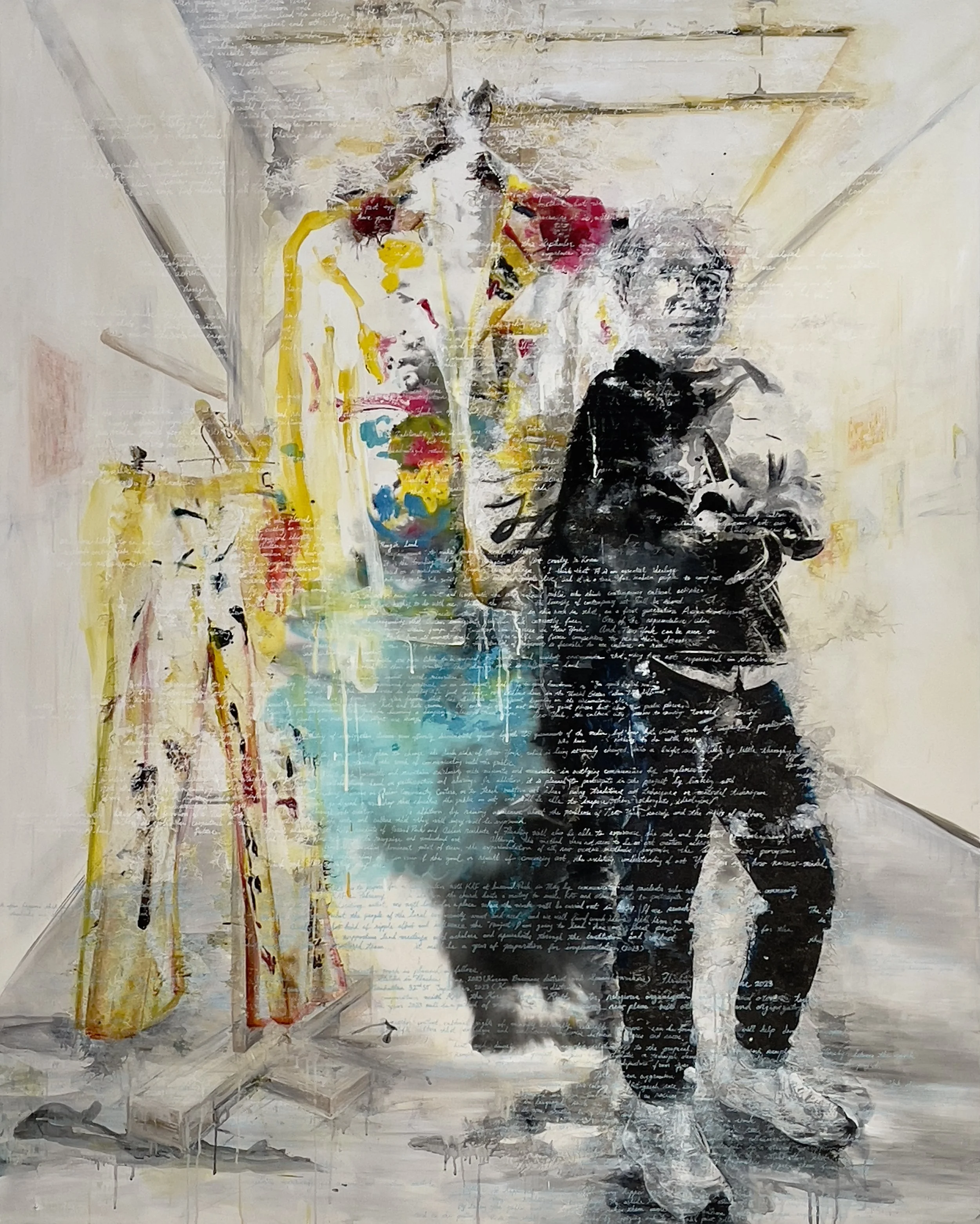 Sometimes have a happy day, 2023. Indian ink, acrylic, collage, rice paper, on canvas. 75 in x 60 in. From the "Dream at Walden" series.