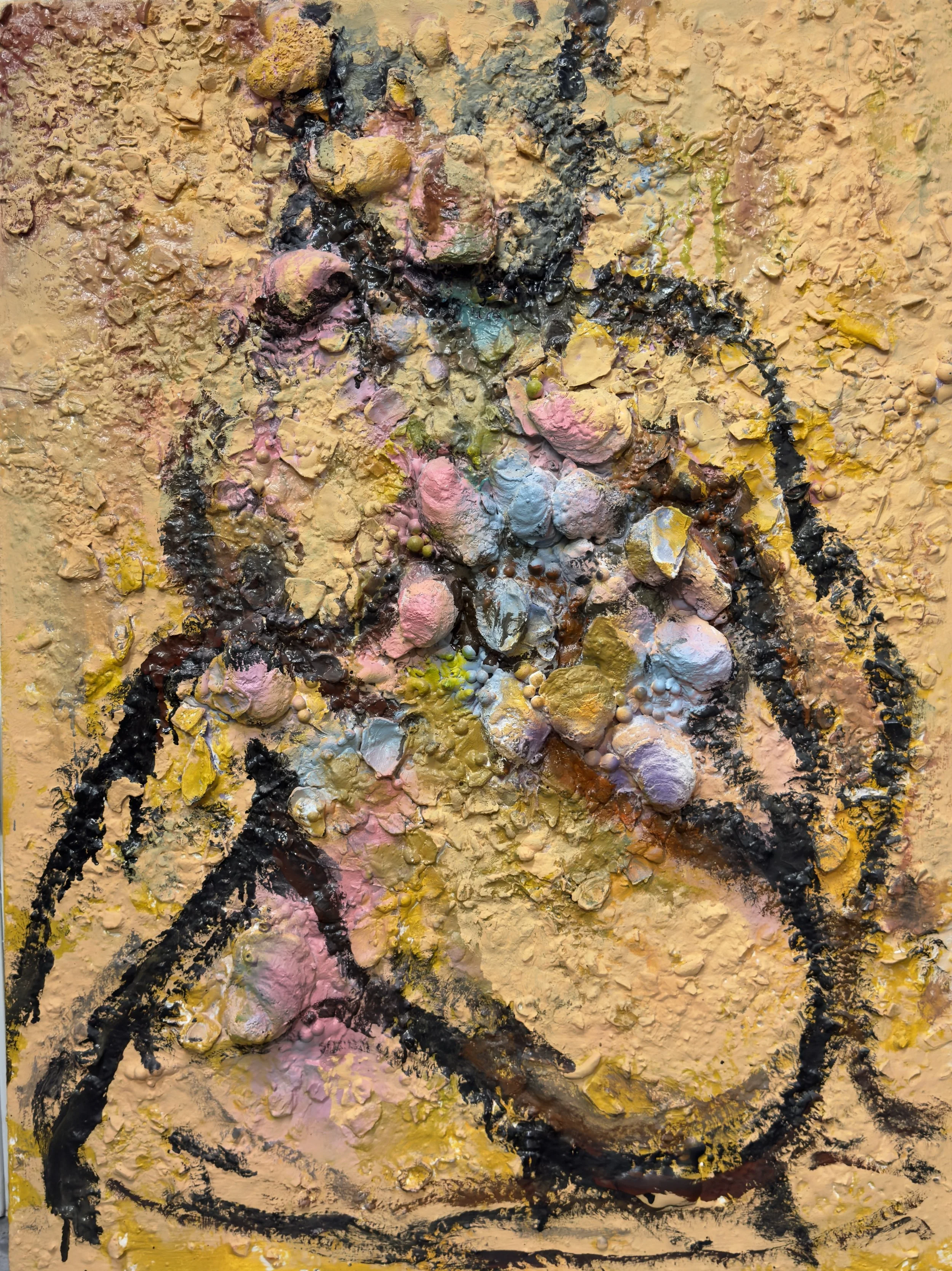 Woman, 2013.
Abalone, oyster shell,  glue, oil on canvas. 48 in. x 30 in.