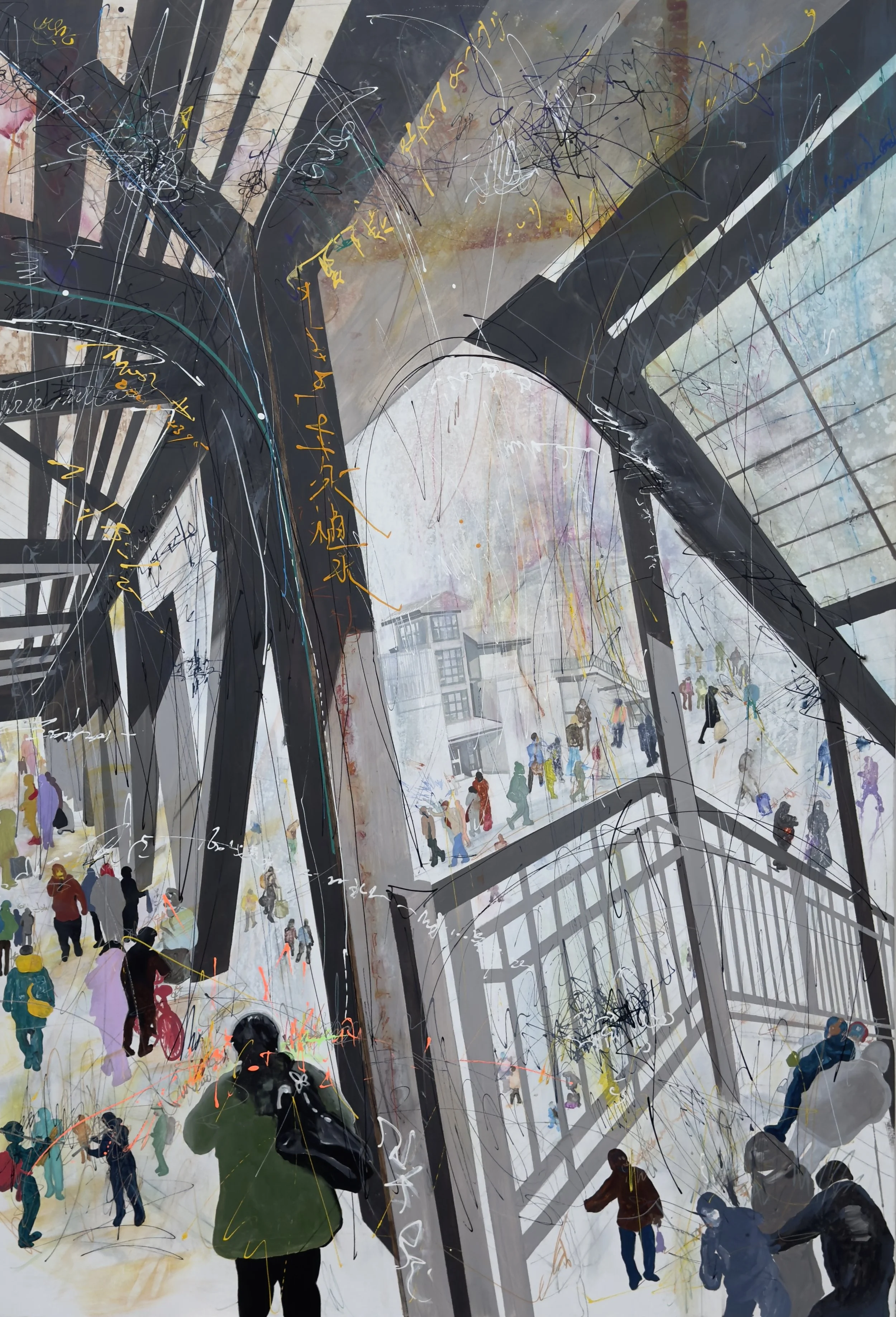 Positioning flow, Murray Hills, 2026.

Acrylic, ink on canvas. 72 in. × 50  in. From the "Positioning flow" Flushing series.
