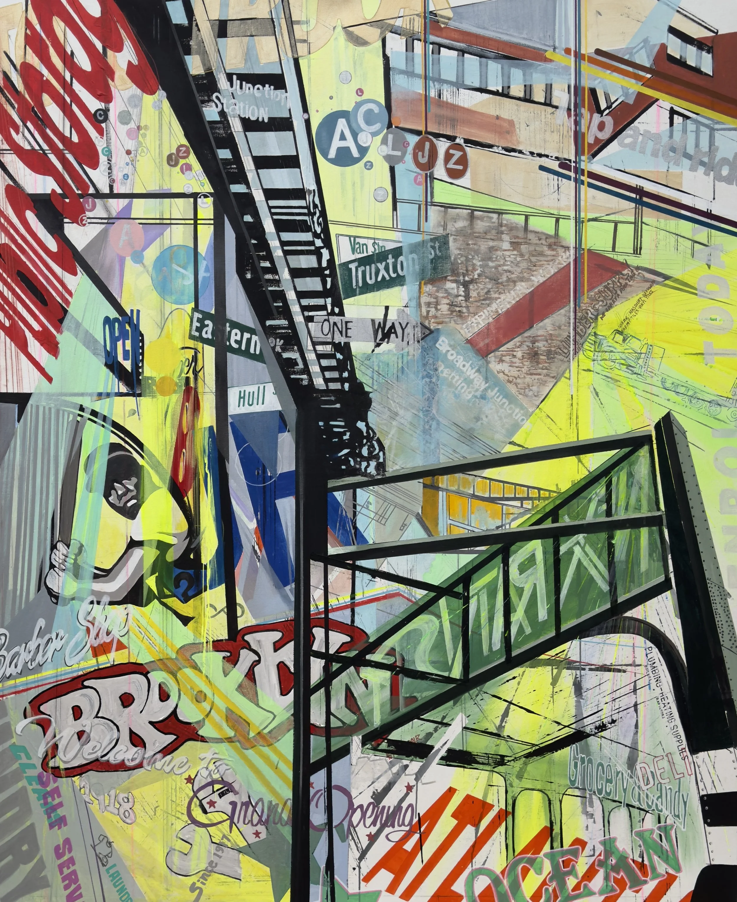 Rhythms of Broadway Junction, 2026.
Acrylic on canvas. 72 in. x 60 in. From the "Transit" series. 