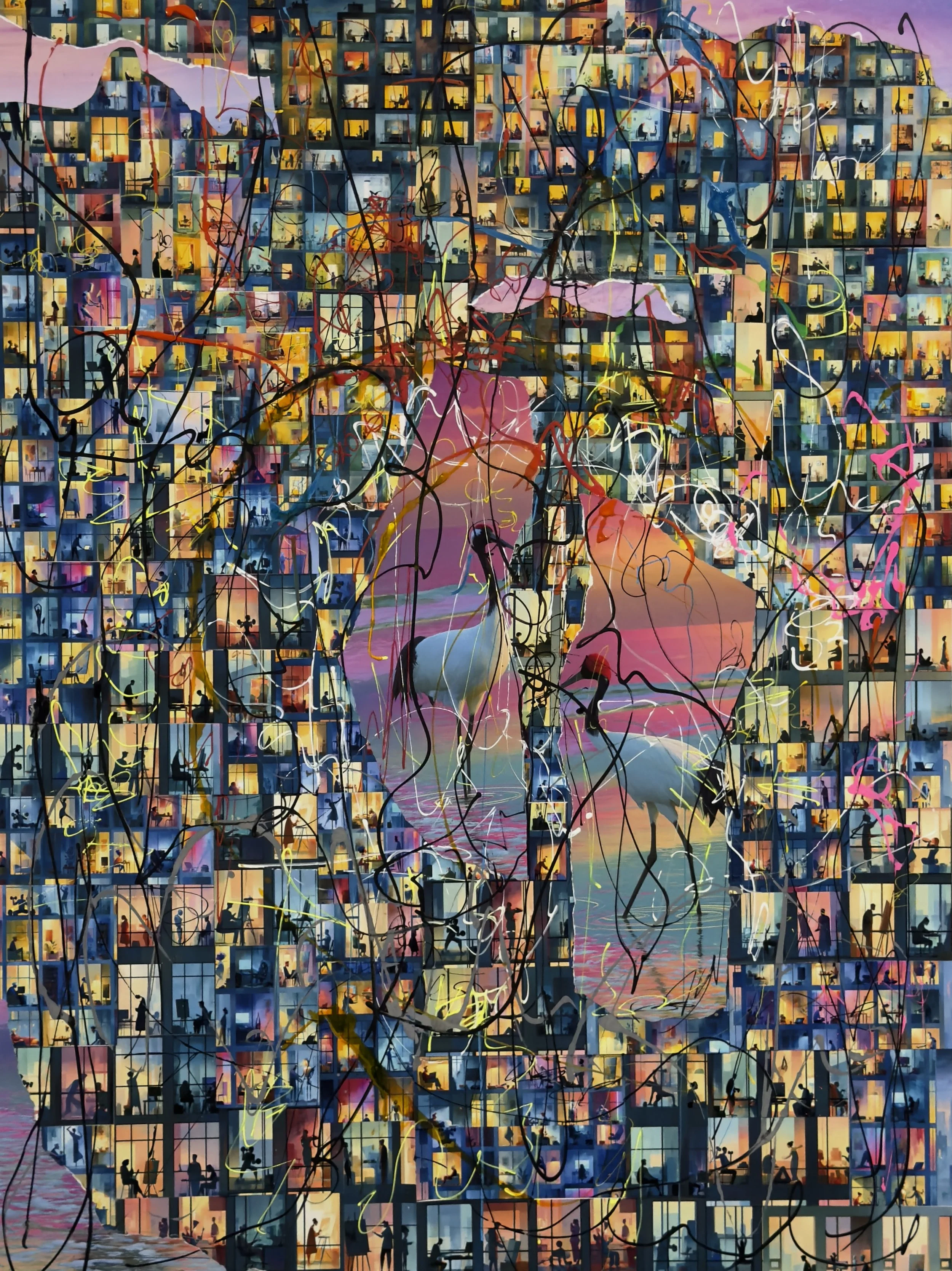 Saved solitude #2, 2025, Collage, ink, and acrylic on wood panel, 36 × 26 in.