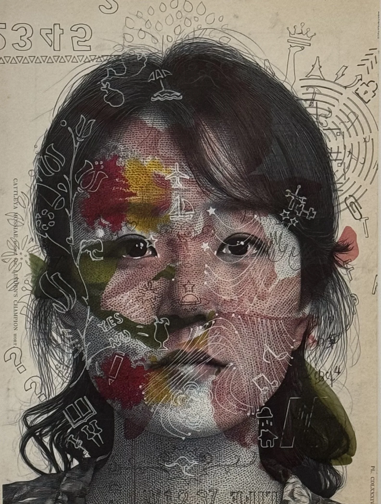 Warmly/Vanda, 2026, Inkjet print and pen on printed paper from a 1992 botanical publication. 13 x 8.25 in.