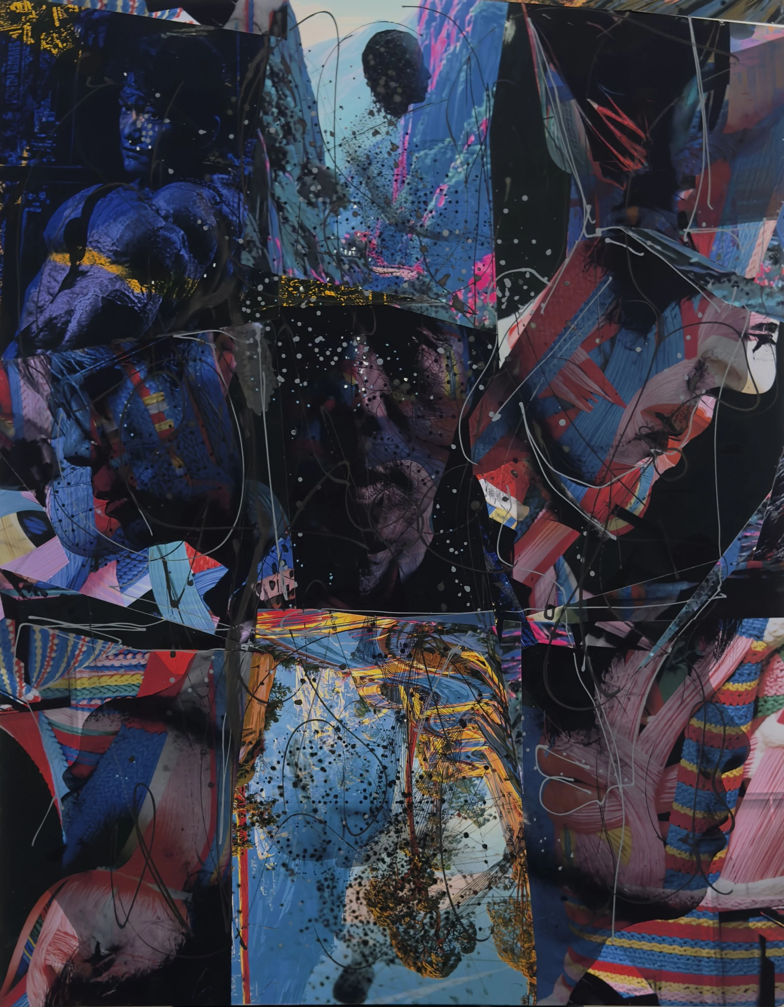  Off/On, Another Me #1, 2026, Collage, ink, pastel, and acrylic on canvas, 30 × 20 in.
