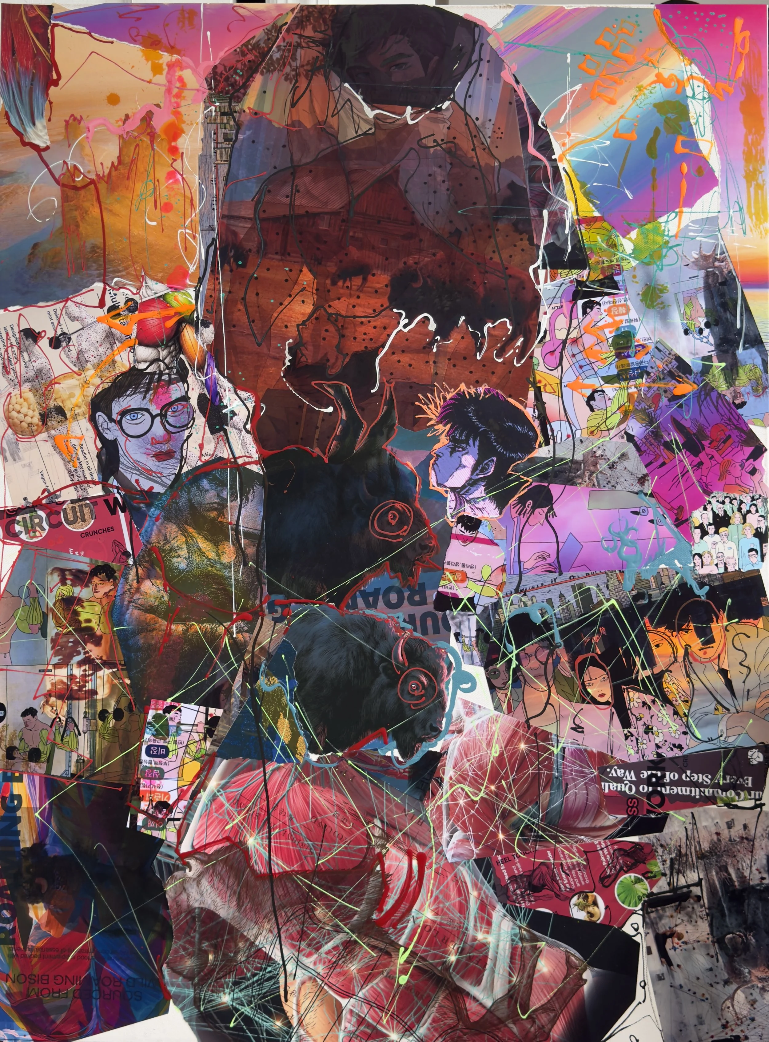 Saved Cattle Ranch / Bison Broth, 2026, Collage, ink, pastel, and acrylic on canvas, 
36 × 28 in.
