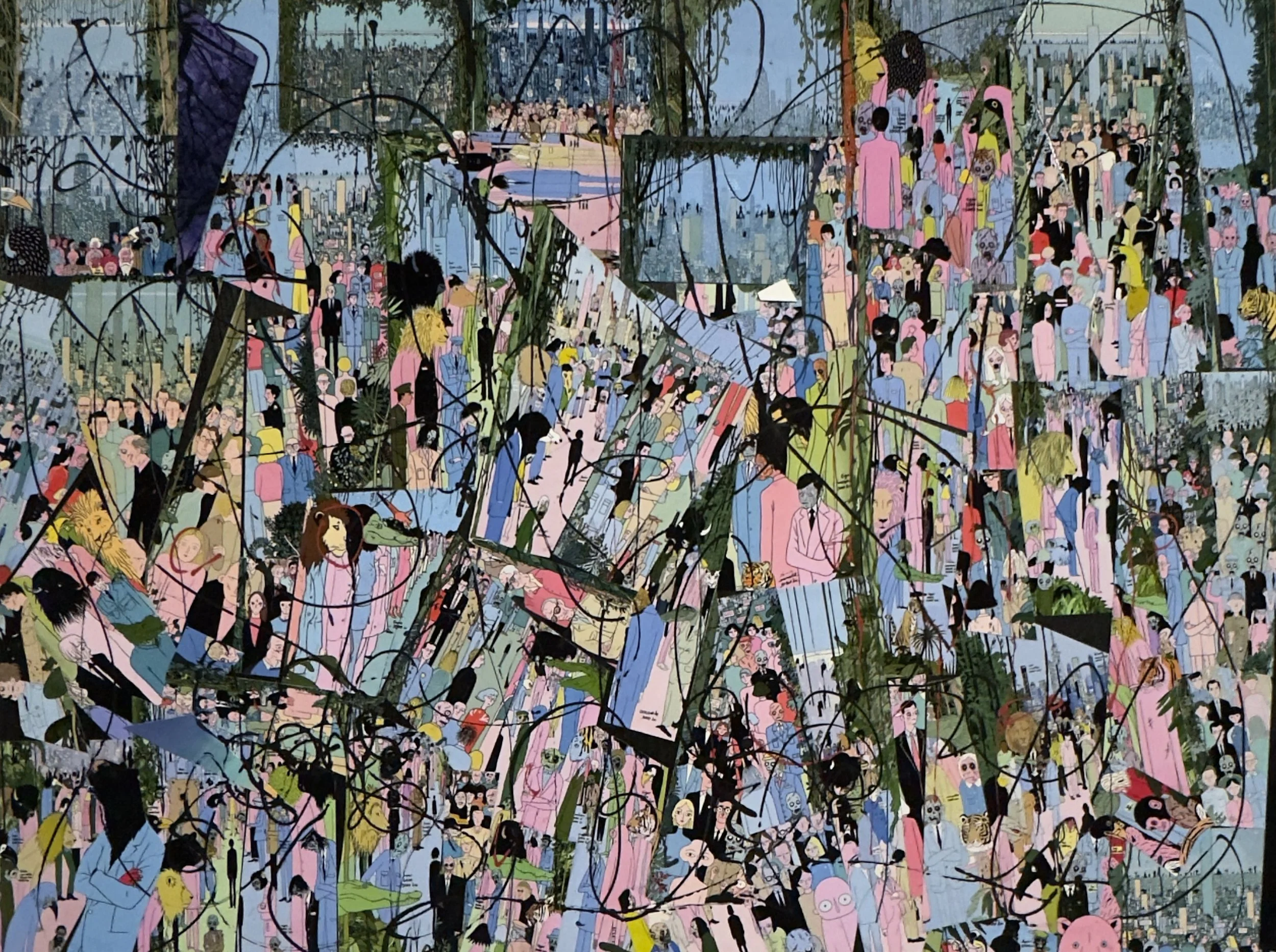 Saved solitude #1, 2025, Collage, ink, and acrylic on wood panel, 20 × 30 in.
