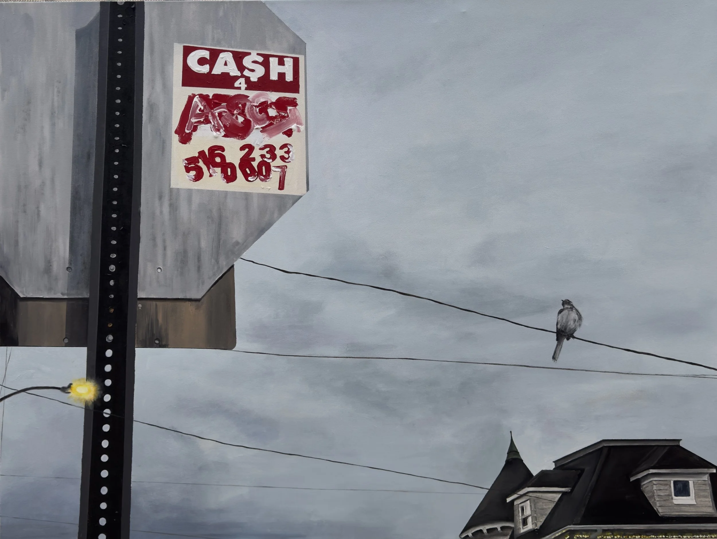 Cash for abstract, 2025.
 Acrylic on canvas. 30 in. x 40 in. From the "Transit" series.