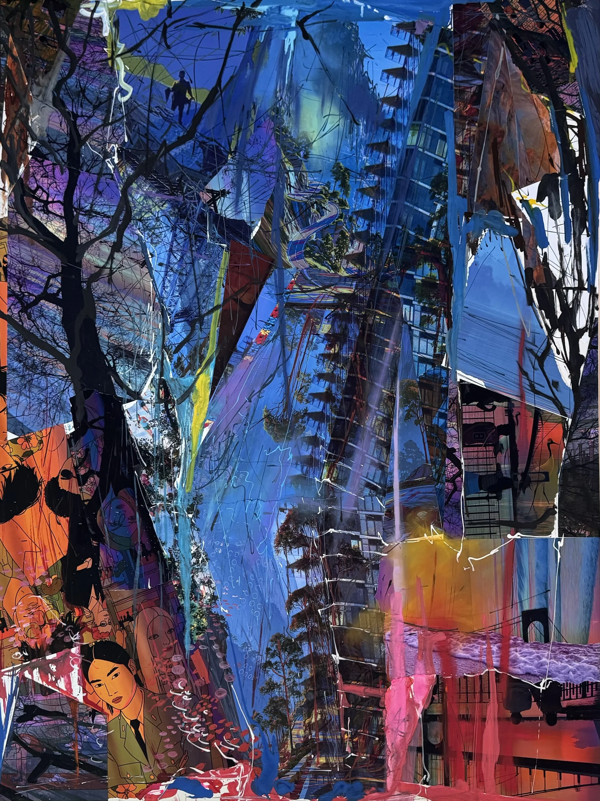 Off/On, Long Island City, 2026, Collage, ink, pastel, and acrylic on canvas, 48 × 36 in.