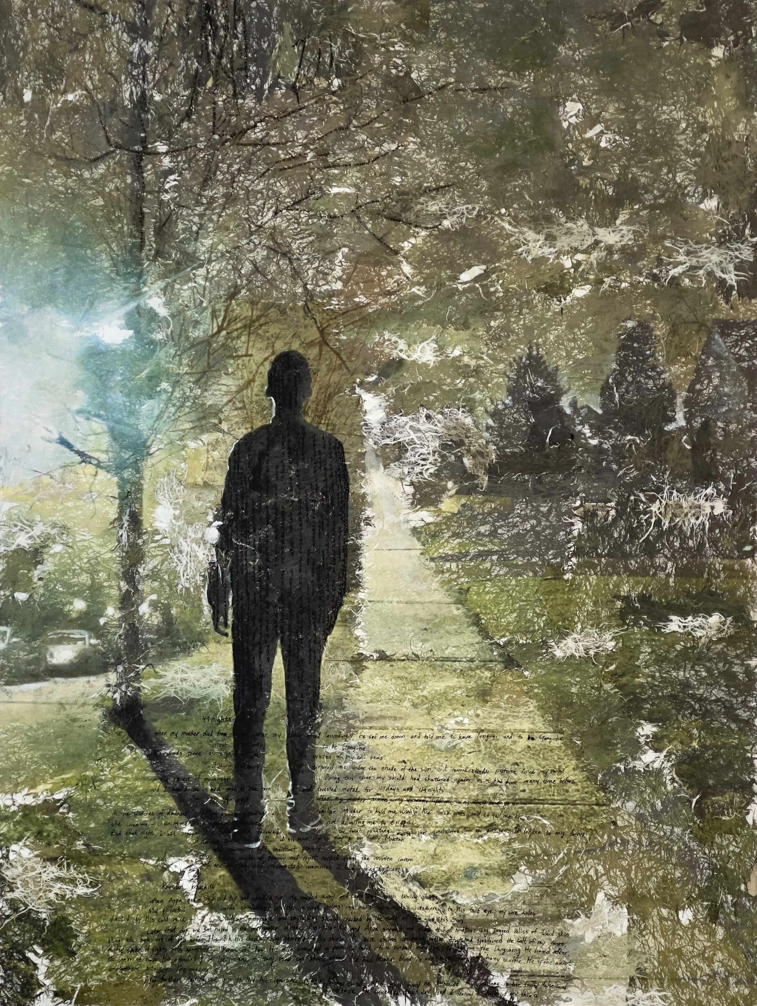 Andrew's writings about mother, 2023. Indian ink, acrylic, collage, rice paper, on canvas. 48 in. x 36 in. From the "Dream at Walden" series.