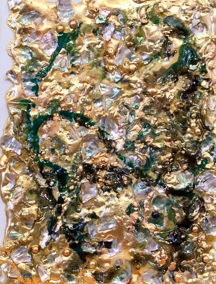 A woman, 2013.
Abalone, oyster shell,  glue, oil on canvas. 14 in. x  8 in.