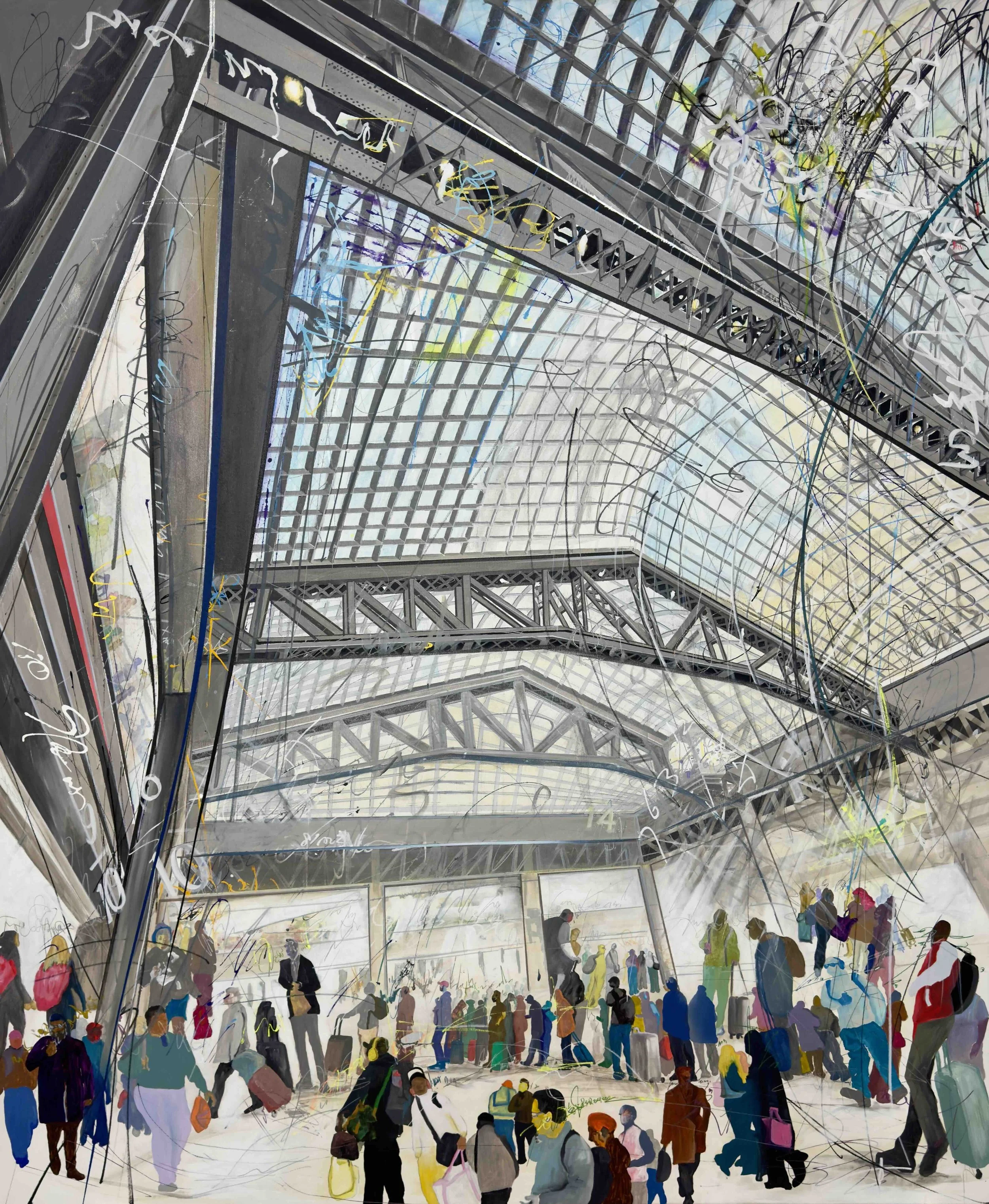 Positioning flow, Penn Station 2, 2026.
Acrylic, ink on canvas. 72 in. × 60  in. From the "Positioning flow" Penn Station series.