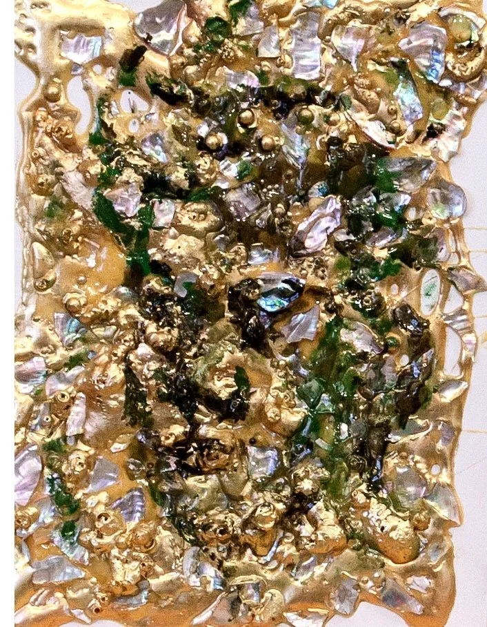 A man, 2013.
Abalone, oyster shell,  glue, oil on canvas. 14 in. x  8 in.