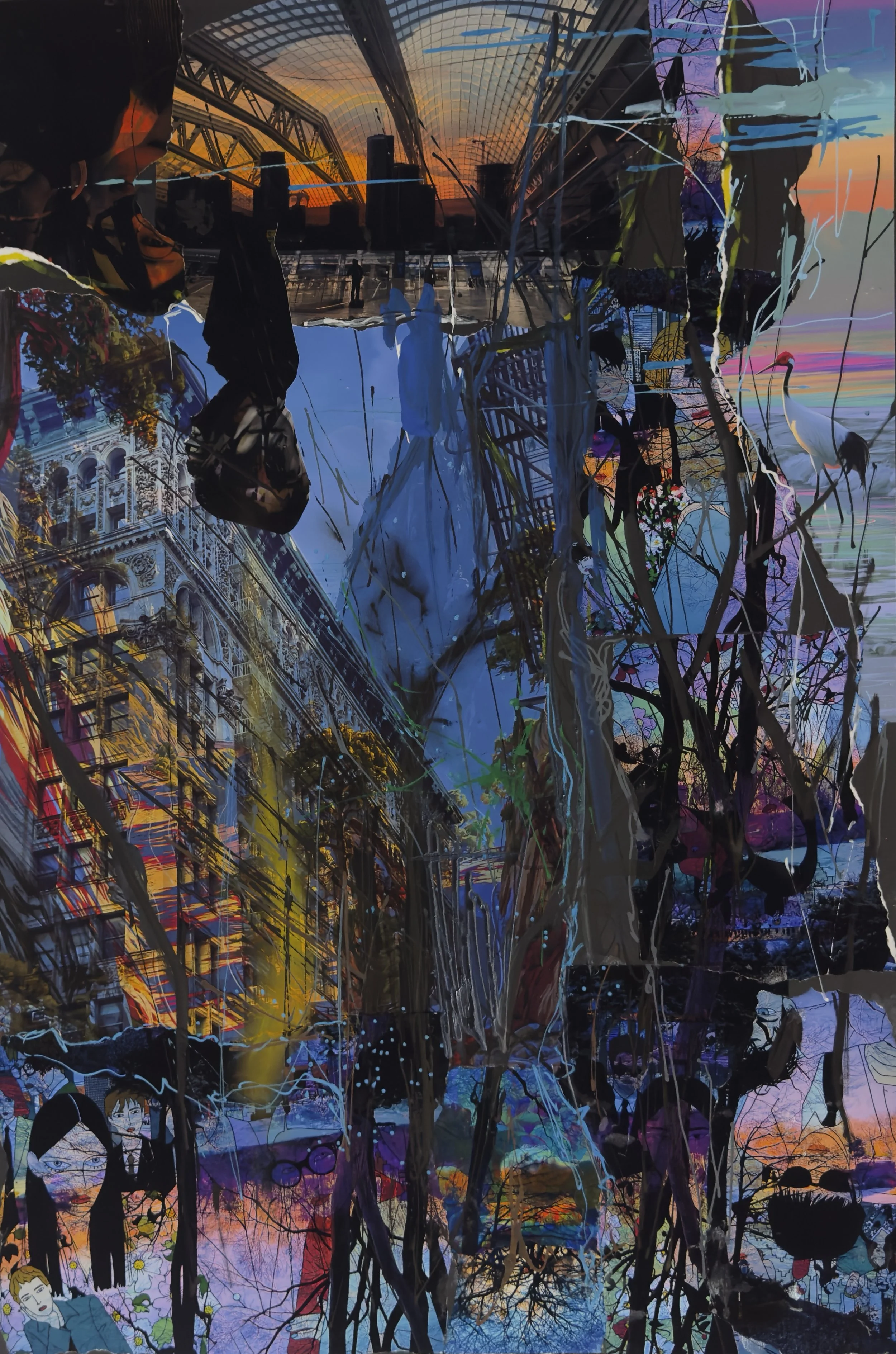 Off/On, Penn Station to Central Park, 2026, Collage, ink, pastel, and 
     acrylic on board, 40 × 30 in.
