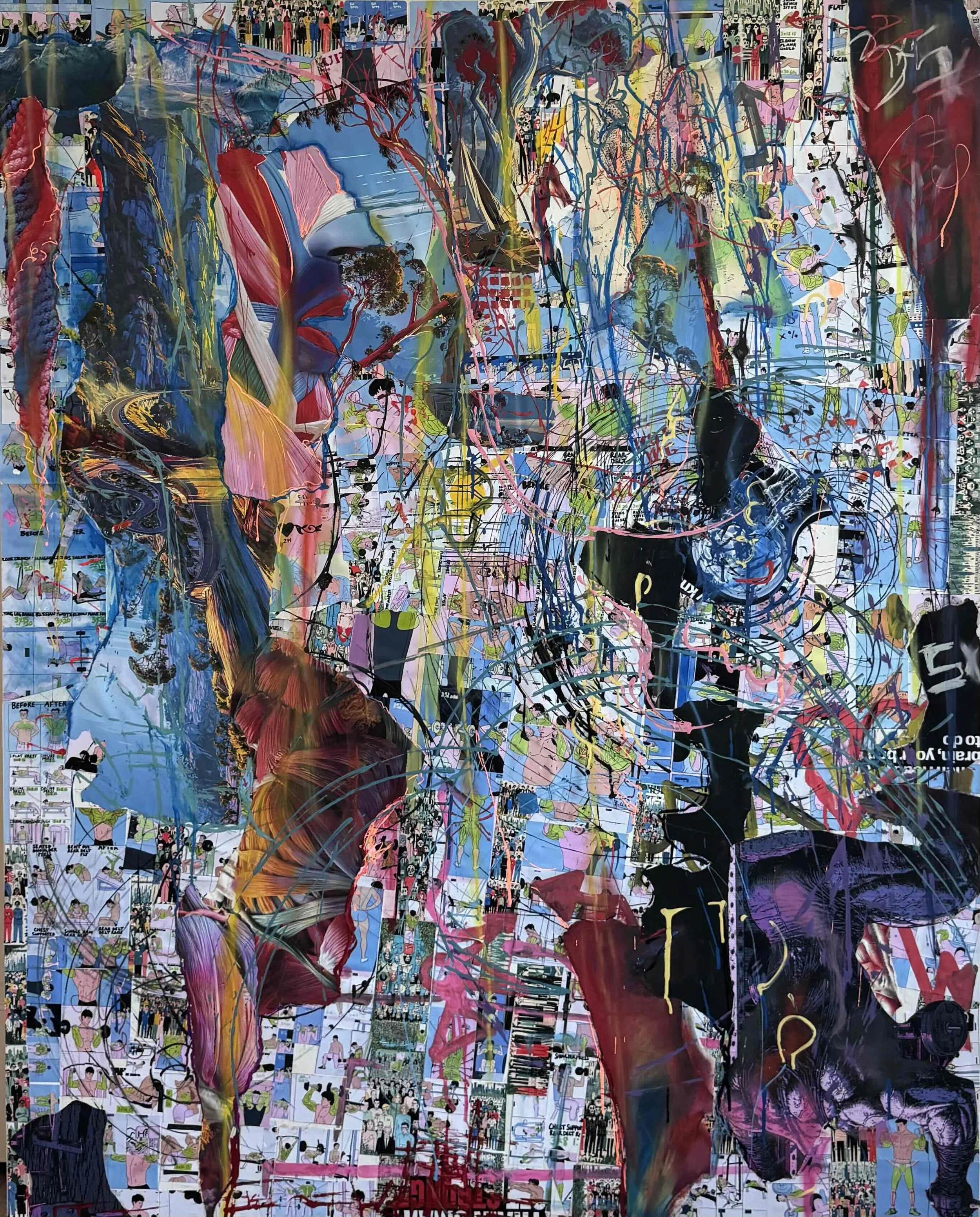 Saved Personal Training, 2026, Collage, ink, pastel, and acrylic on canvas, 60 × 48 in.