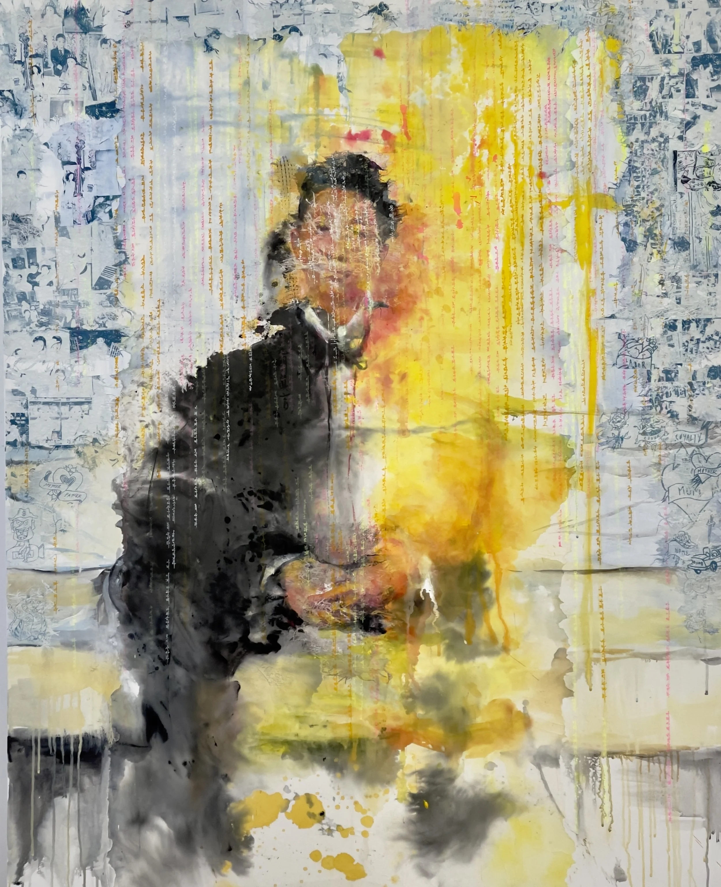 Bradley's prom, 2023. Indian ink, acrylic, collage, rice paper, on canvas. 60 in. x 48 in. From the "Dream at Walden" series.