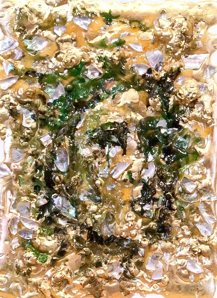 A man, 2013.
Abalone, oyster shell,  glue, oil on canvas. 14 in. x  8 in.