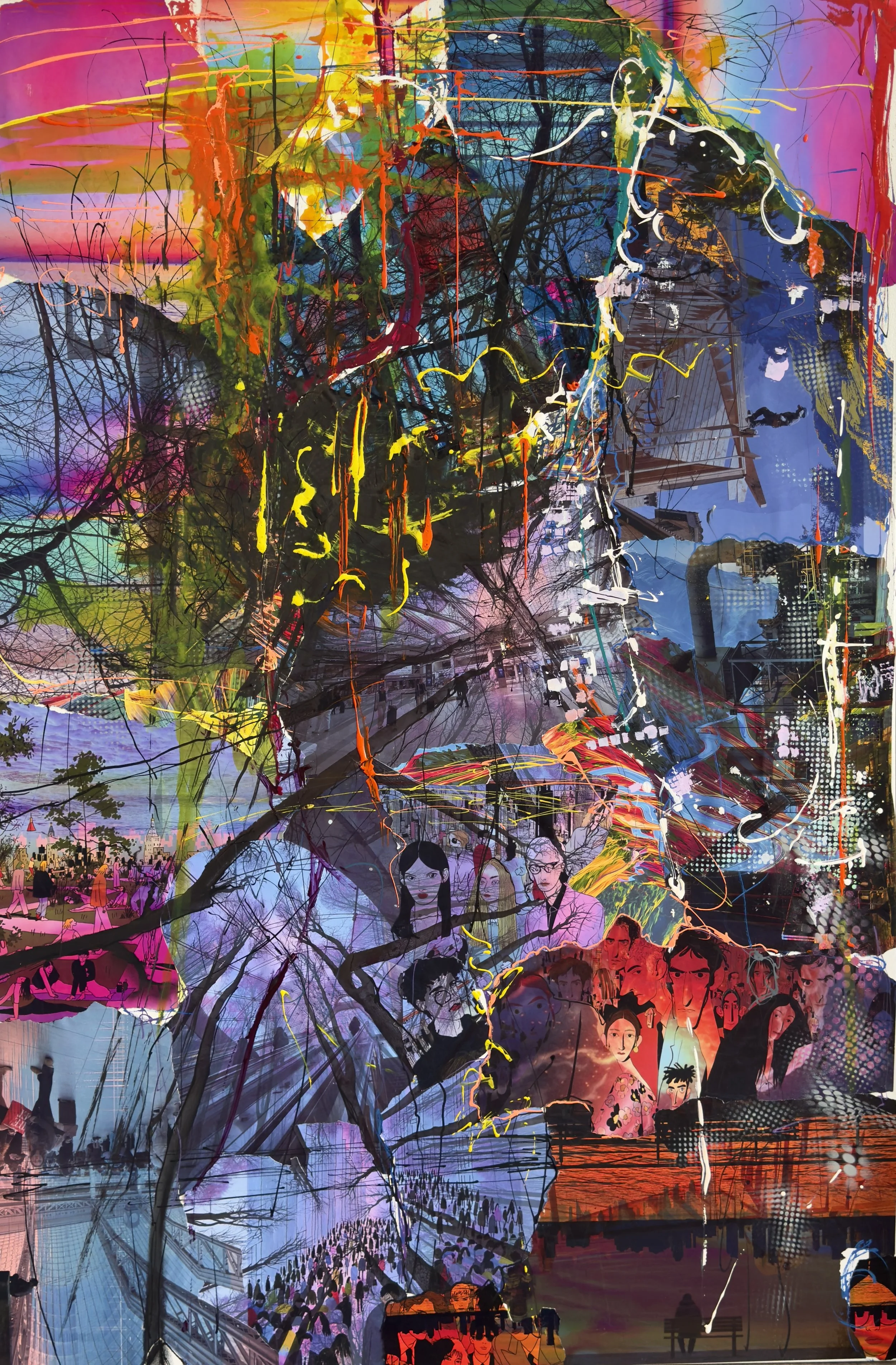 Off/On, Penn Station, 2026, Collage, ink, pastel, and acrylic on canvas, 48 × 32 in.
