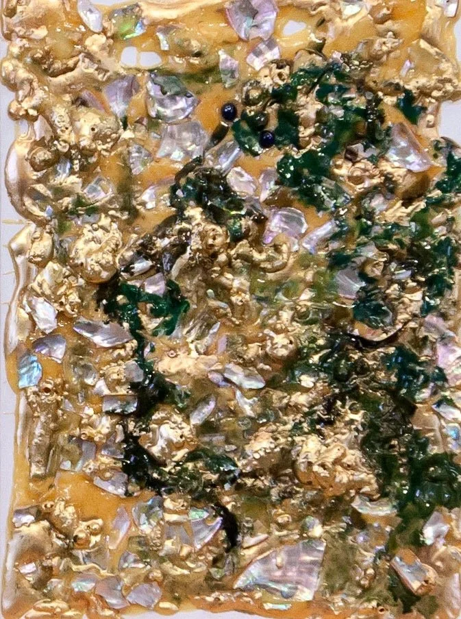 A man, 2013.
Abalone, oyster shell,  glue, oil on canvas. 14 in. x  8 in.